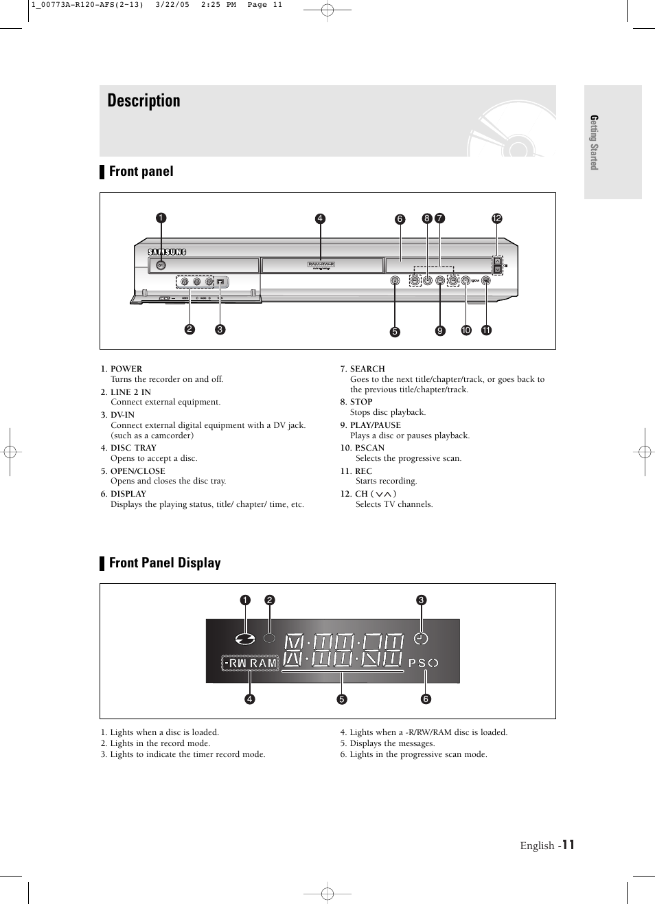 Description, Front panel, Front panel display | Samsung DVD-R120-XAA User Manual | Page 11 / 89