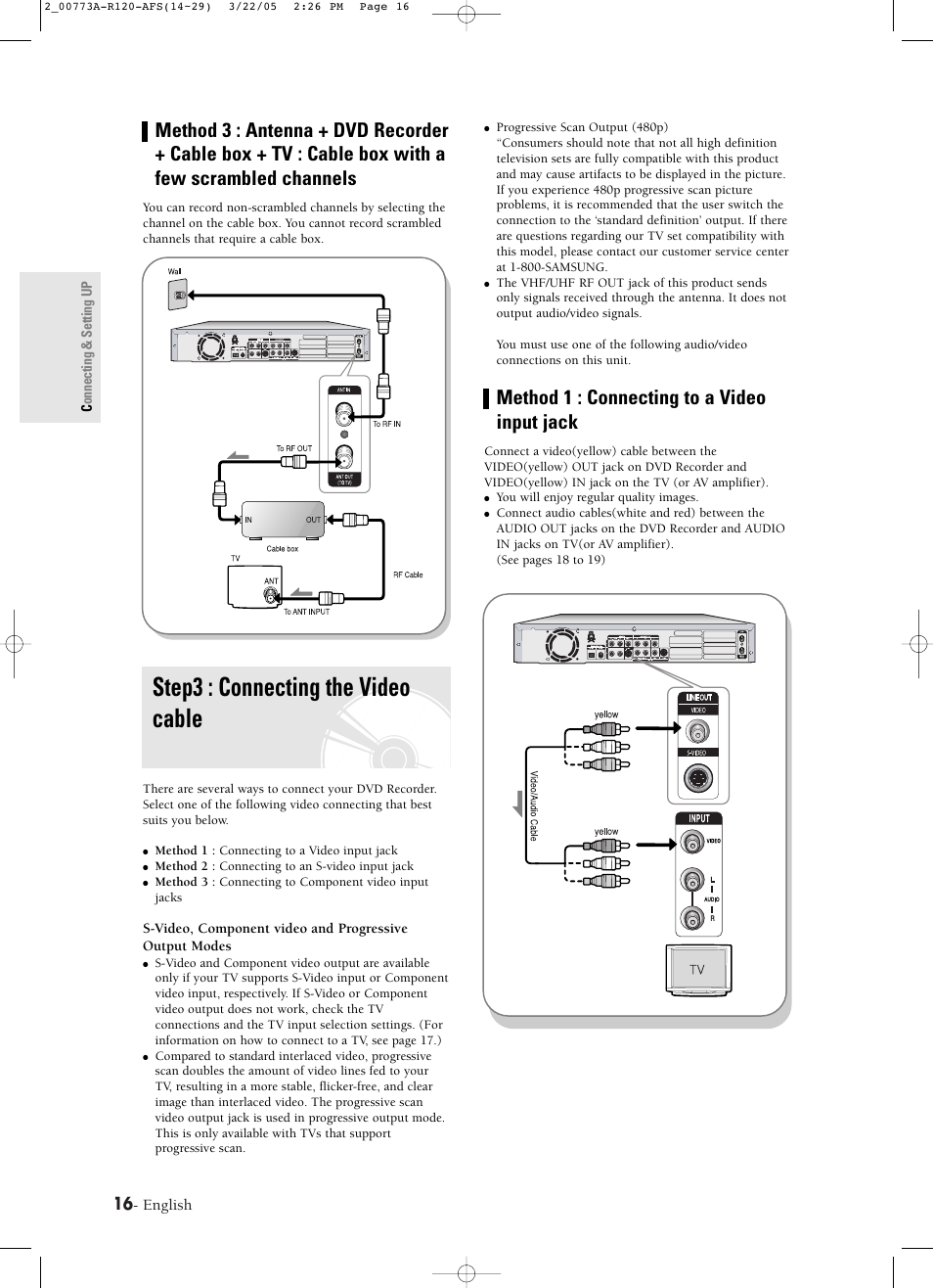 Step3 : connecting the video cable, Method 1 : connecting to a video input jack, English | Samsung DVD-R120-XAA User Manual | Page 16 / 89