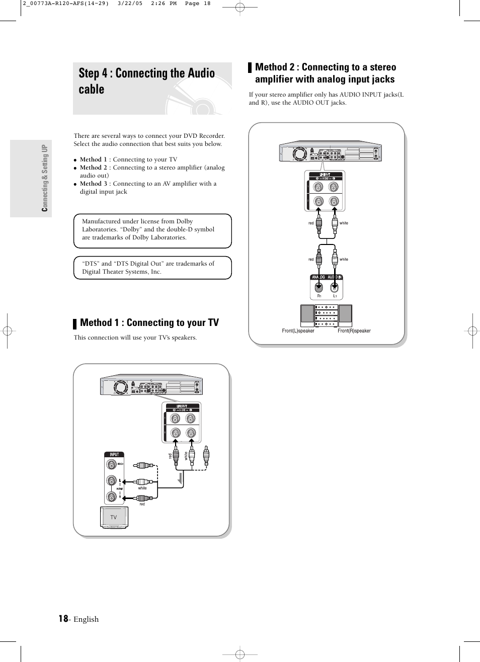 Step 4 : connecting the audio cable, Method 1 : connecting to your tv | Samsung DVD-R120-XAA User Manual | Page 18 / 89