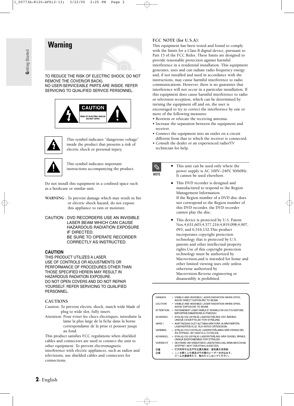 Getting started, Warning | Samsung DVD-R120-XAA User Manual | Page 2 / 89