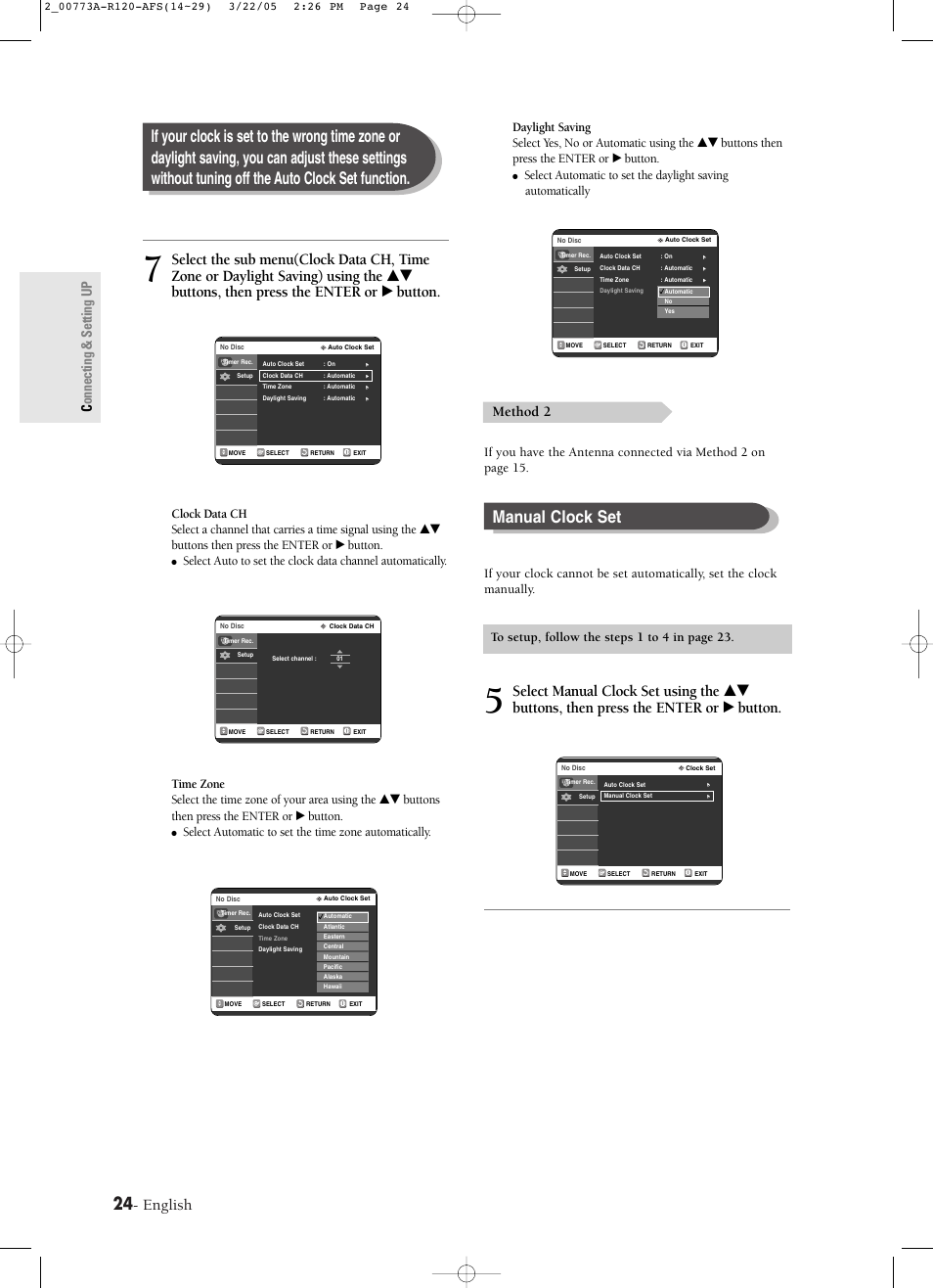 Manual clock set, English, Method 2 | Connecting & setting up | Samsung DVD-R120-XAA User Manual | Page 24 / 89