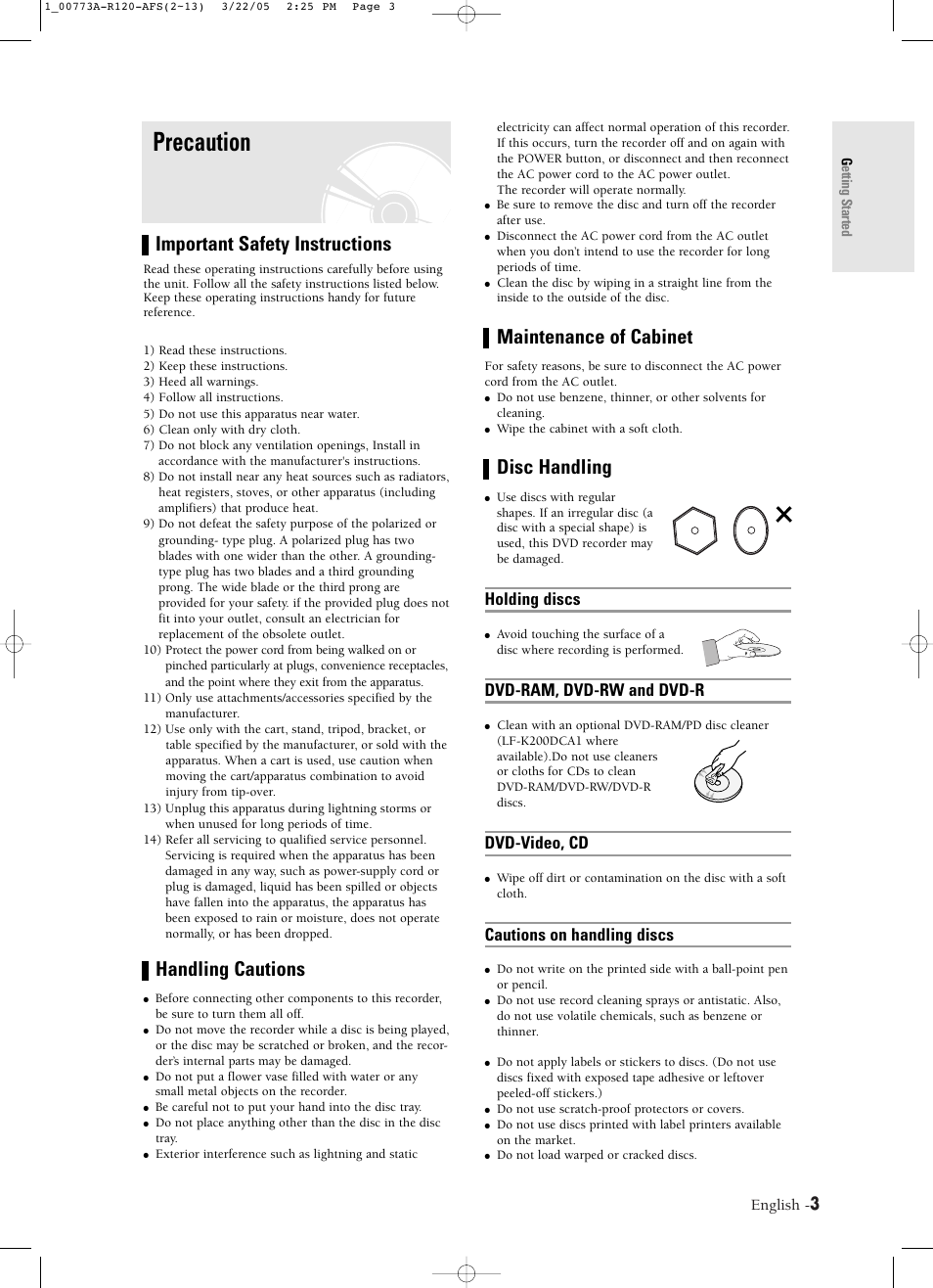 Precaution, Important safety instructions, Handling cautions | Maintenance of cabinet, Disc handling, Holding discs, Dvd-ram, dvd-rw and dvd-r, Dvd-video, cd, Cautions on handling discs, English | Samsung DVD-R120-XAA User Manual | Page 3 / 89