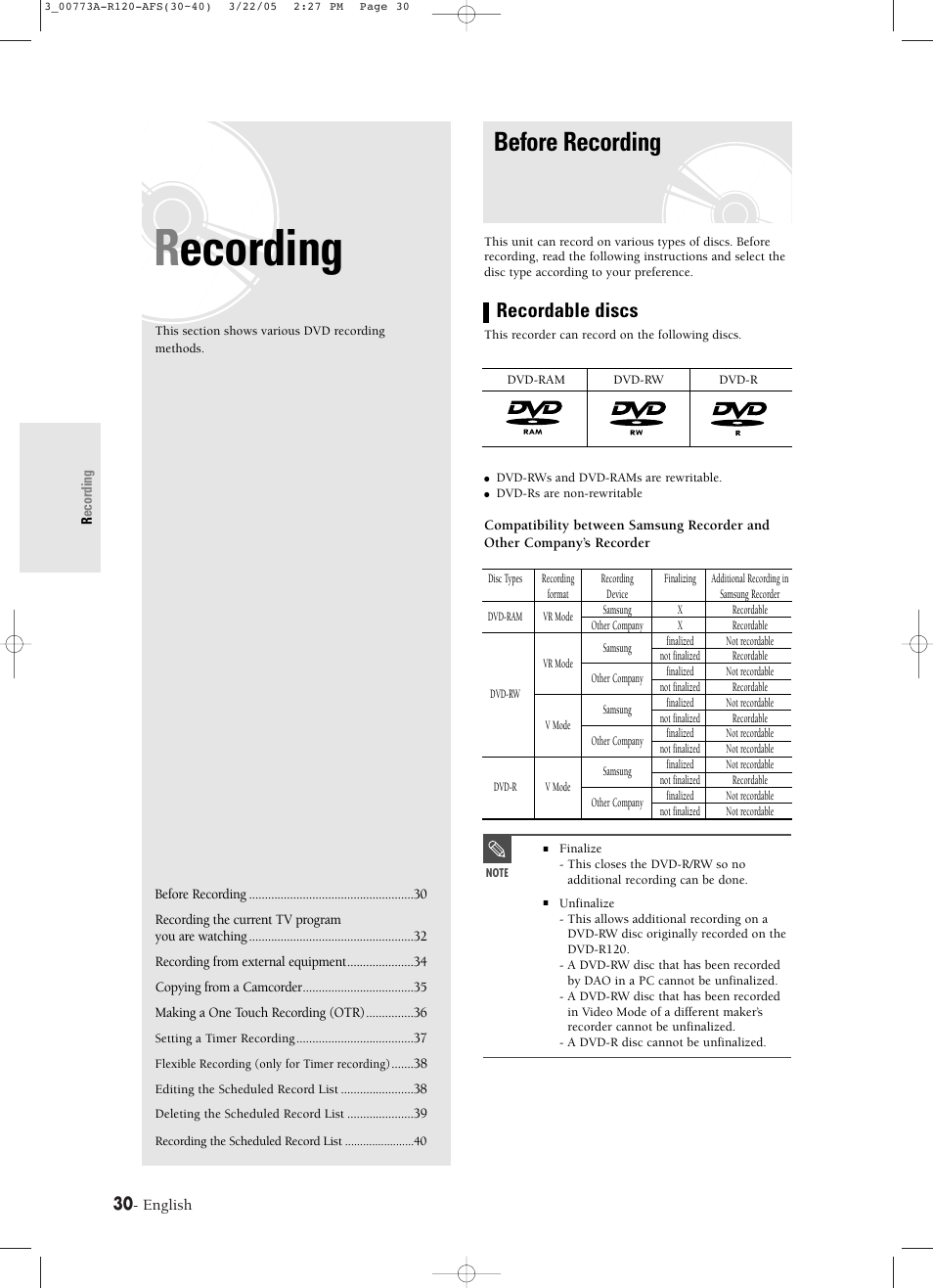 Recording, Before recording, Recordable discs | Samsung DVD-R120-XAA User Manual | Page 30 / 89