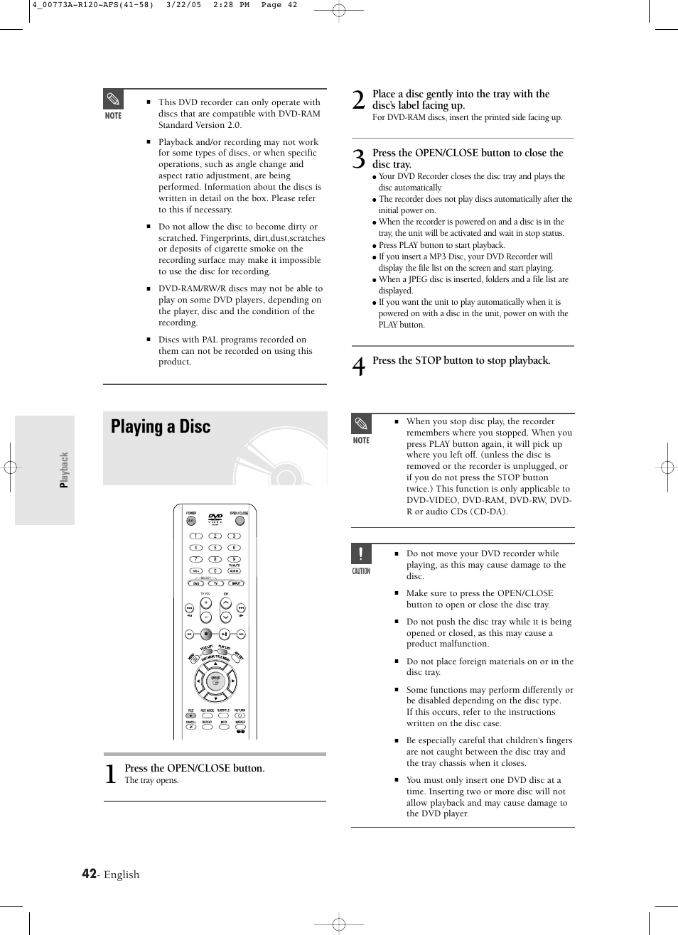 Playing a disc, English, Press the open/close button to close the disc tray | Press the stop button to stop playback, Press the open/close button | Samsung DVD-R120-XAA User Manual | Page 42 / 89