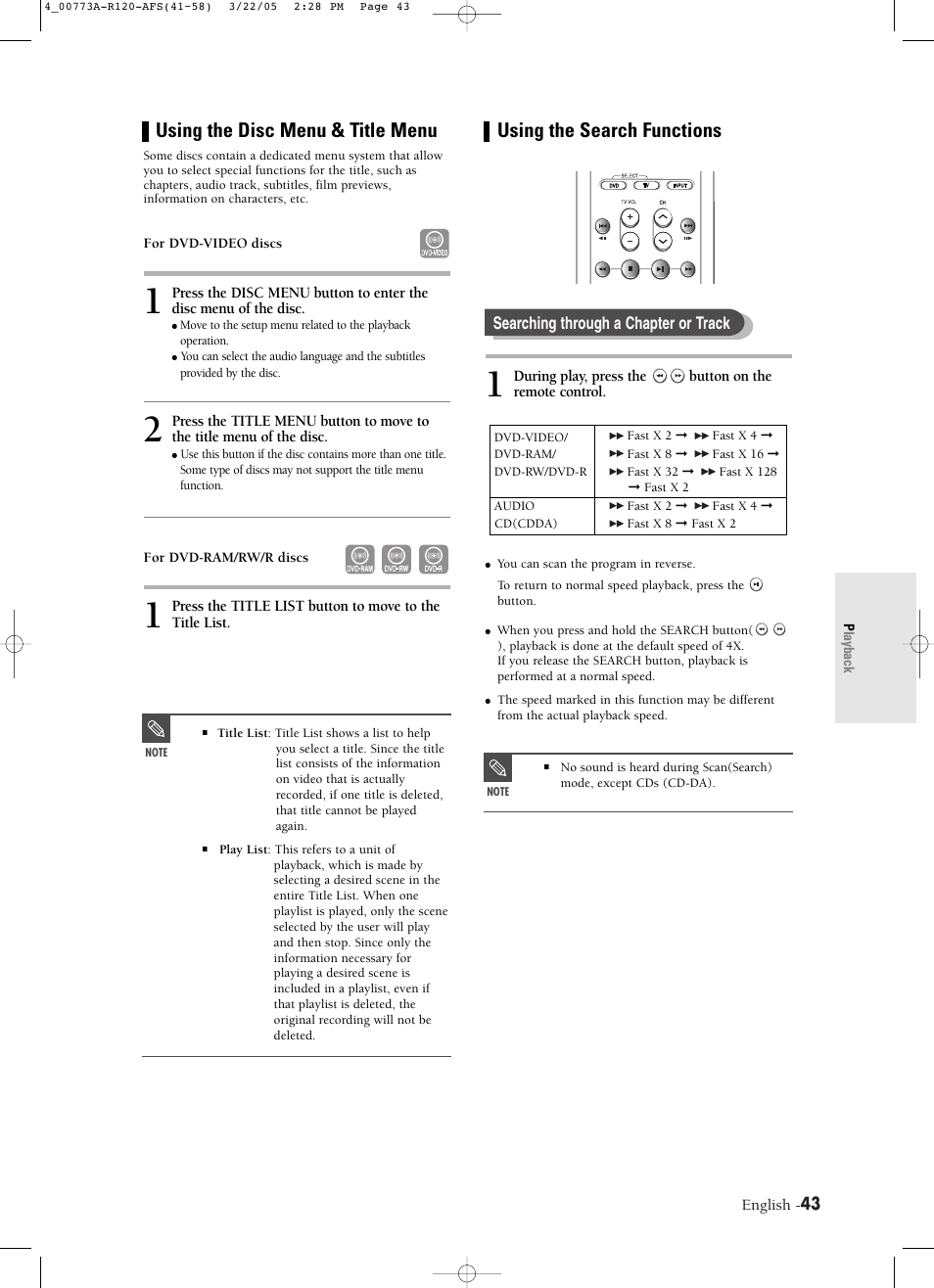 Using the disc menu & title menu, Using the search functions | Samsung DVD-R120-XAA User Manual | Page 43 / 89
