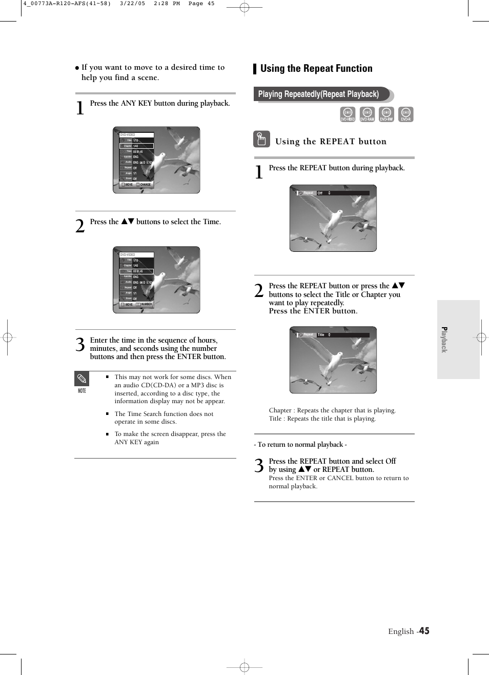 Using the repeat function, Using the repeat button, Playing repeatedly(repeat playback) | English, Press the repeat button during playback, Press the any key button during playback, Press the …† buttons to select the time | Samsung DVD-R120-XAA User Manual | Page 45 / 89