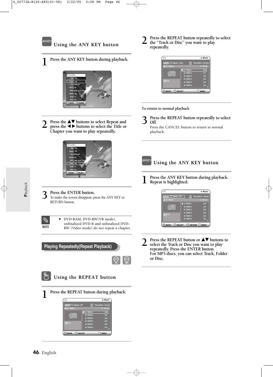 Using the any key button, Using the repeat button, Playing repeatedly(repeat playback) | English, Press the any key button during playback, Press the enter button, Press the repeat button during playback, Press the repeat button repeatedly to select off, Playback | Samsung DVD-R120-XAA User Manual | Page 46 / 89