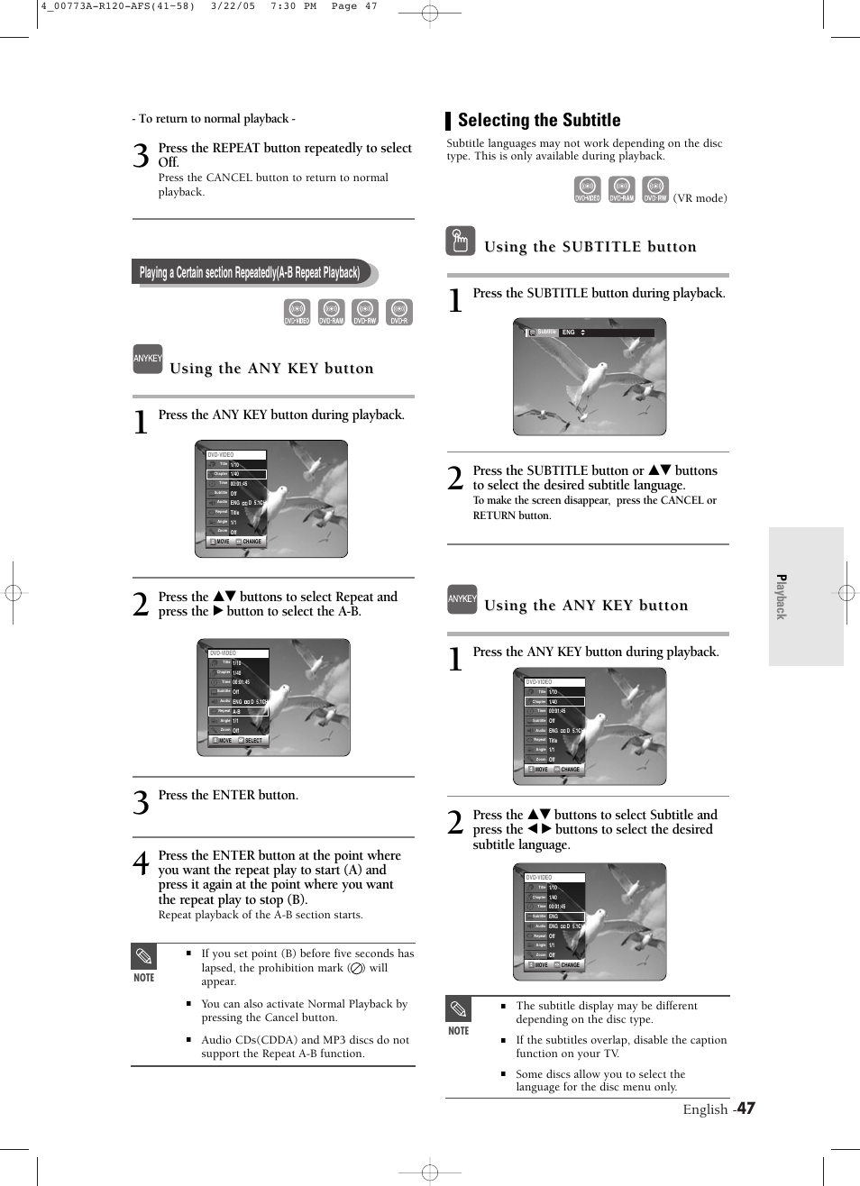 Selecting the subtitle, Using the subtitle button, Using the any key button | English, Press the subtitle button during playback, Press the any key button during playback, Press the repeat button repeatedly to select off, Press the enter button, Playback | Samsung DVD-R120-XAA User Manual | Page 47 / 89
