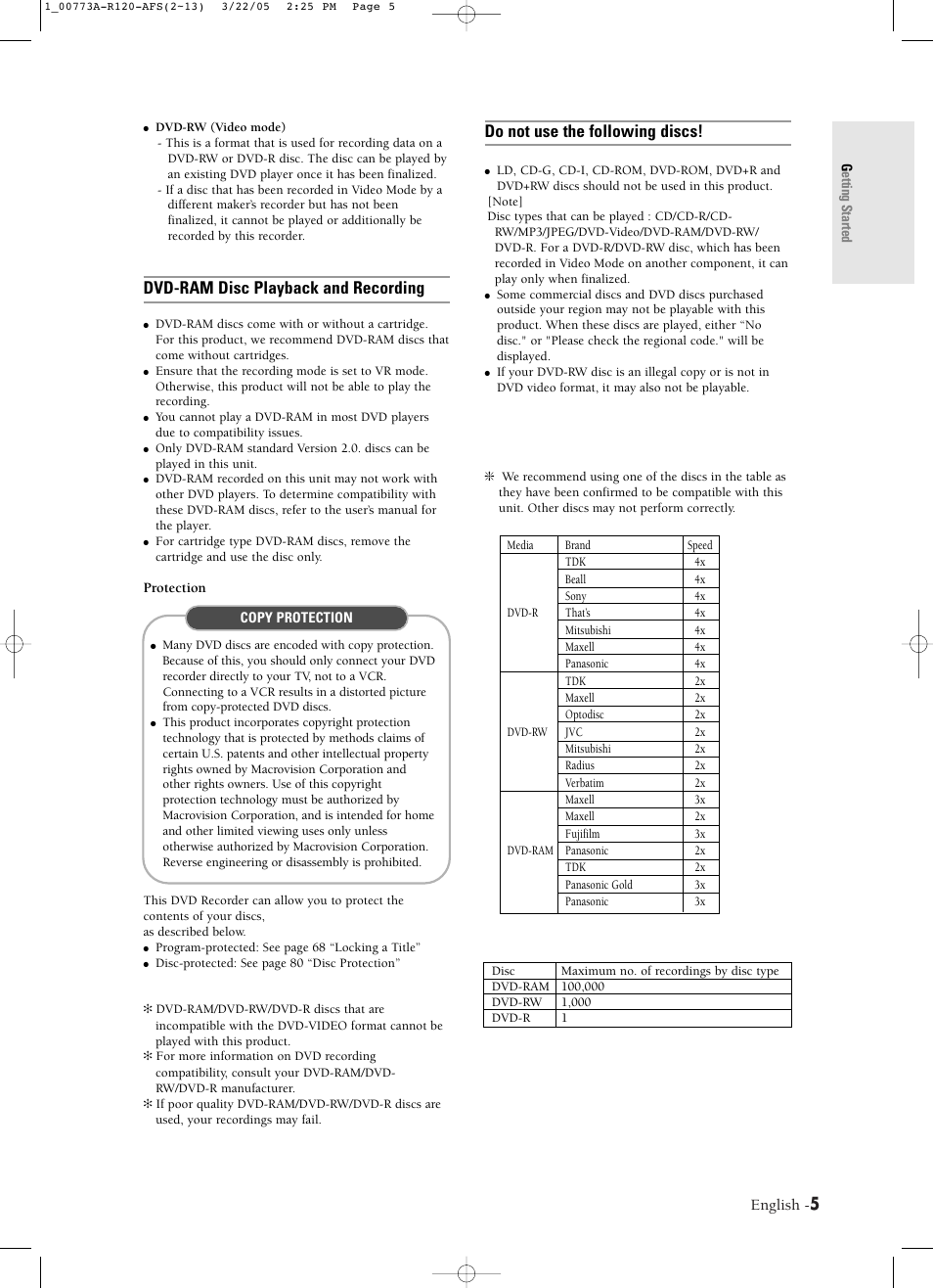 Dvd-ram disc playback and recording, Do not use the following discs, English | Samsung DVD-R120-XAA User Manual | Page 5 / 89