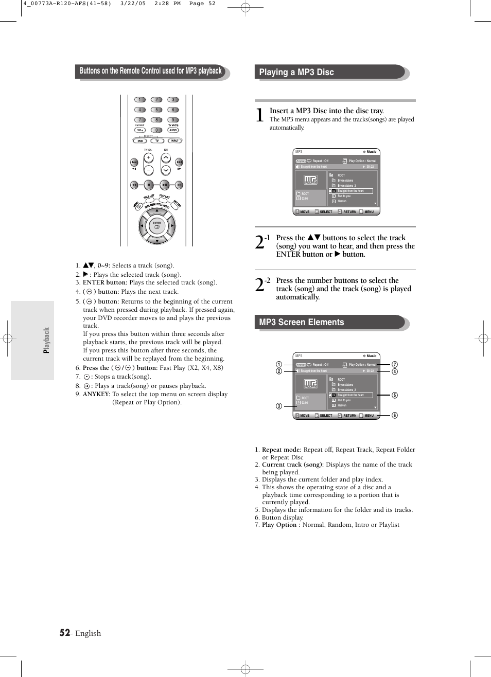 Playing a mp3 disc mp3 screen elements, English, Insert a mp3 disc into the disc tray | Playback | Samsung DVD-R120-XAA User Manual | Page 52 / 89
