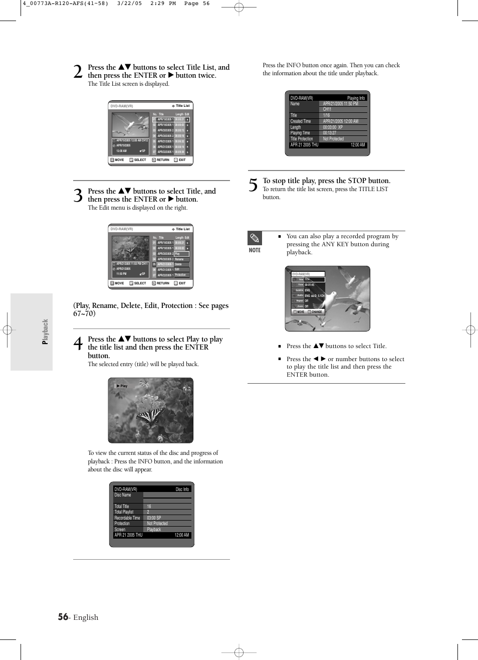 English, Playback, The title list screen is displayed | The edit menu is displayed on the right, Press the …† buttons to select title | Samsung DVD-R120-XAA User Manual | Page 56 / 89