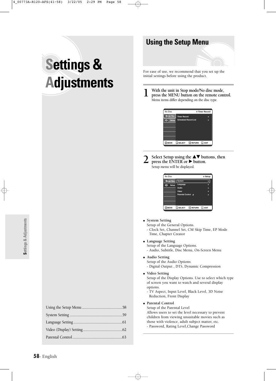 Settings & adjustments, Using the setup menu, Settings & a djustments | English | Samsung DVD-R120-XAA User Manual | Page 58 / 89