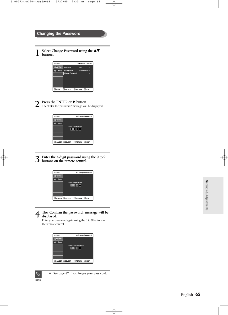 Changing the password, English, Select change password using the …† buttons | Press the enter or √ button, Settings & adjustments | Samsung DVD-R120-XAA User Manual | Page 65 / 89
