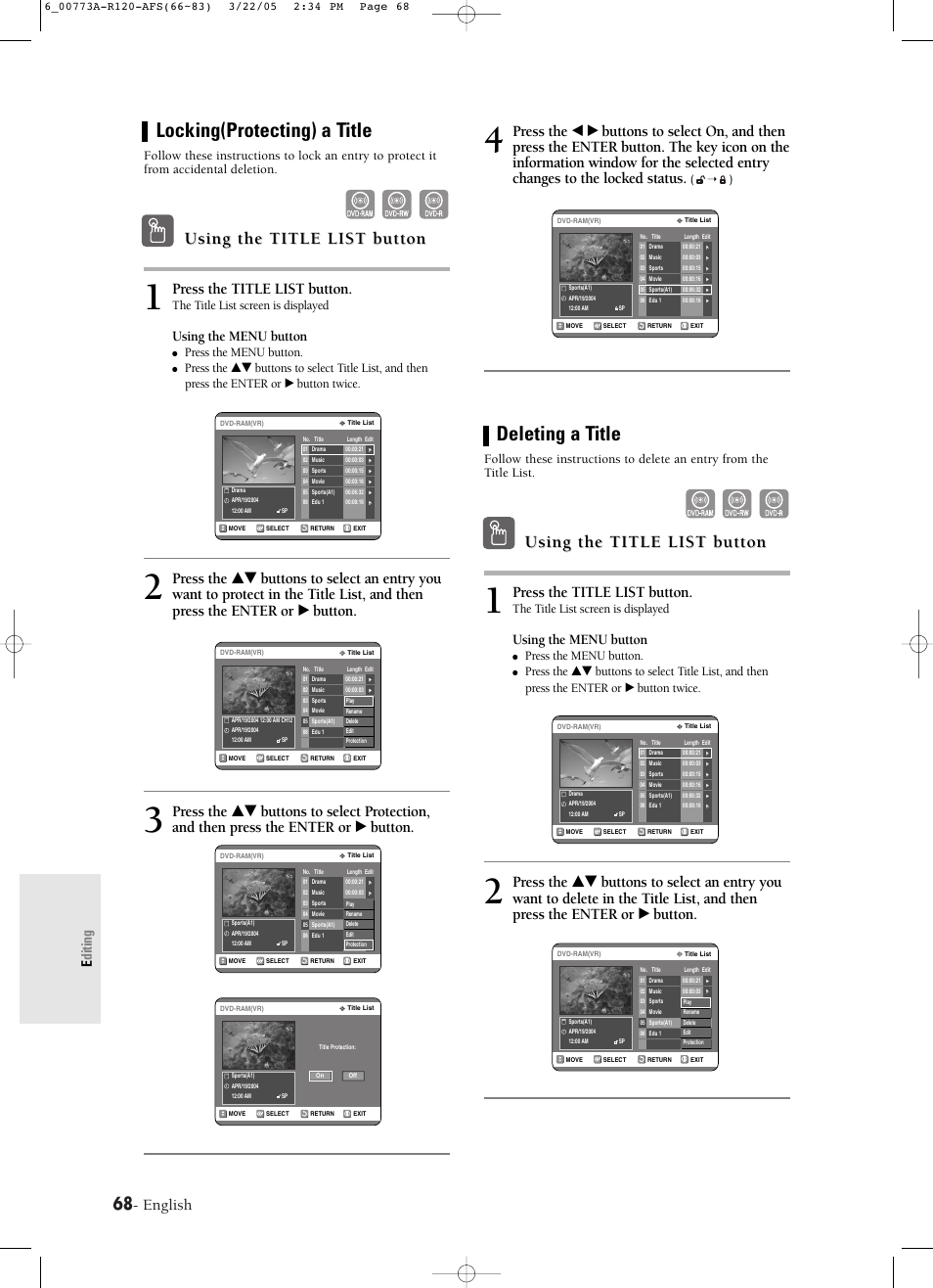 Locking(protecting) a title, Deleting a title, Using the title list button | English, Press the title list button, Editing, Using the menu button, The title list screen is displayed, Press the menu button | Samsung DVD-R120-XAA User Manual | Page 68 / 89