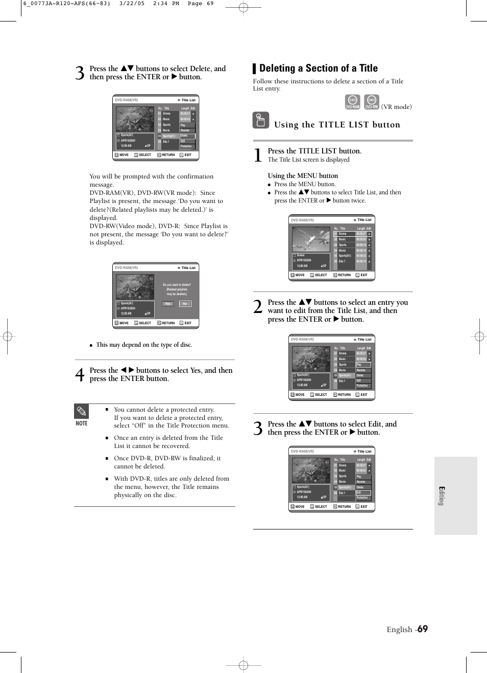 Using the title list button, English, Press the title list button | Using the menu button, Editing, The title list screen is displayed, Press the menu button, This may depend on the type of disc, Vr mode) | Samsung DVD-R120-XAA User Manual | Page 69 / 89