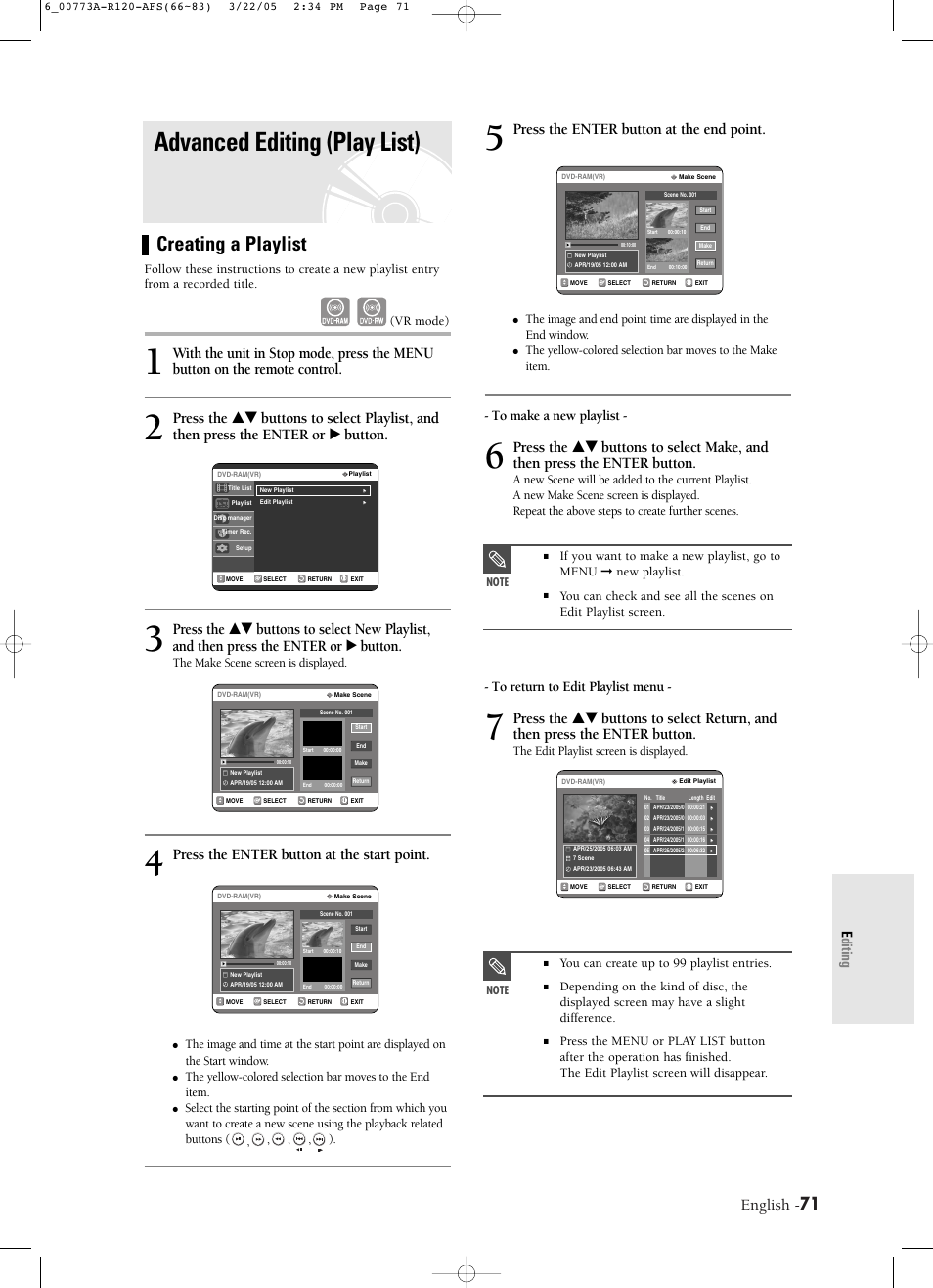 Advanced editing (play list), Creating a playlist, English | Press the enter button at the end point, Press the enter button at the start point, Editing | Samsung DVD-R120-XAA User Manual | Page 71 / 89