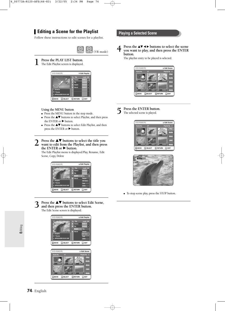 Editing a scene for the playlist, Playing a selected scene, English | Press the play list button, Press the, Press the enter button, Editing, Using the menu button, The edit playlist screen is displayed, Press the menu button in the stop mode | Samsung DVD-R120-XAA User Manual | Page 74 / 89