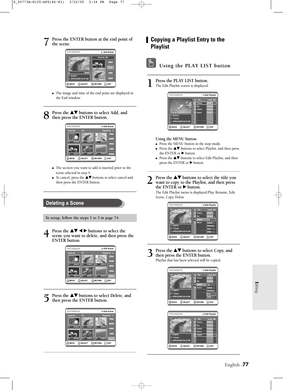 Copying a playlist entry to the playlist, Deleting a scene, Using the play list button | English, Press the play list button, Using the menu button, Editing, The edit playlist screen is displayed, Press the menu button in the stop mode, Playlist that has been selected will be copied | Samsung DVD-R120-XAA User Manual | Page 77 / 89