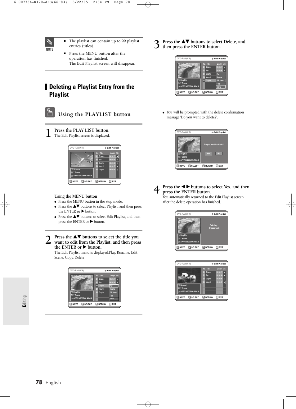 Deleting a playlist entry from the playlist, Using the playlist button, English | Press the play list button, Editing, Using the menu button, The edit playlist screen is displayed, Press the menu button in the stop mode | Samsung DVD-R120-XAA User Manual | Page 78 / 89
