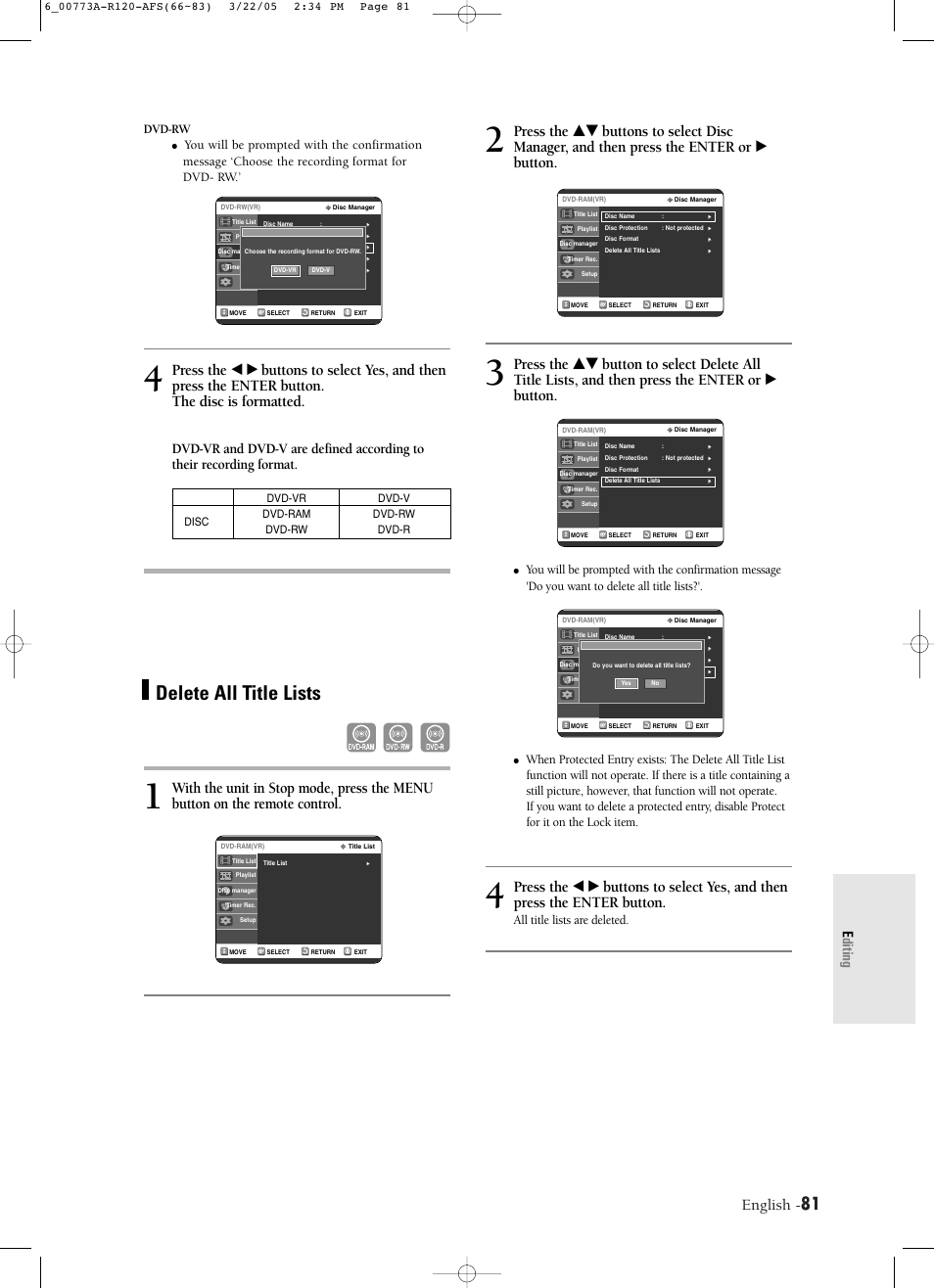 Delete all title lists, English, Editing | All title lists are deleted. dvd-rw | Samsung DVD-R120-XAA User Manual | Page 81 / 89