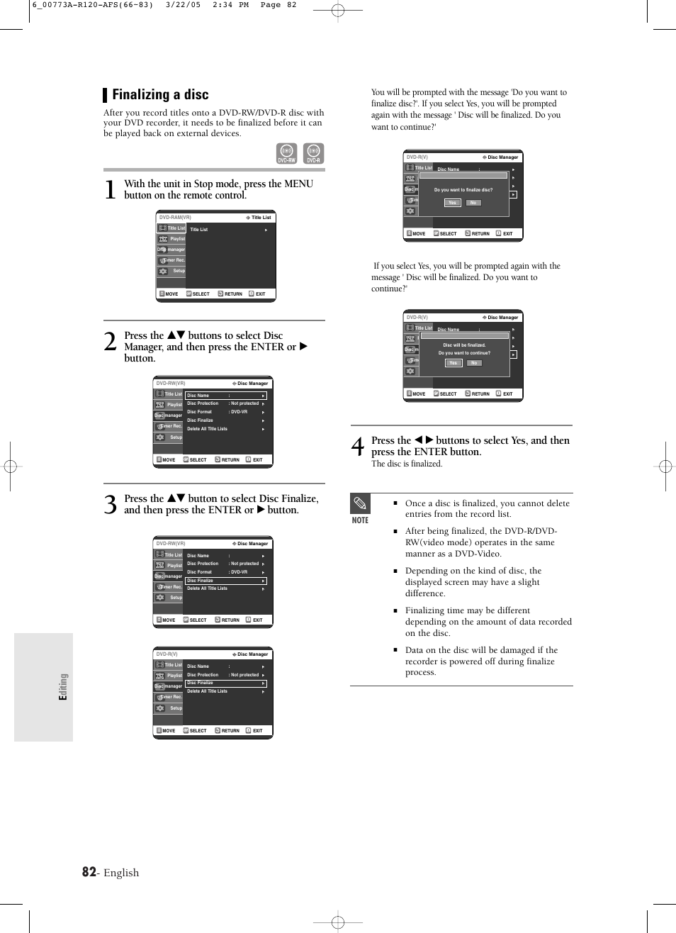 Finalizing a disc, English, Editing | The disc is finalized | Samsung DVD-R120-XAA User Manual | Page 82 / 89