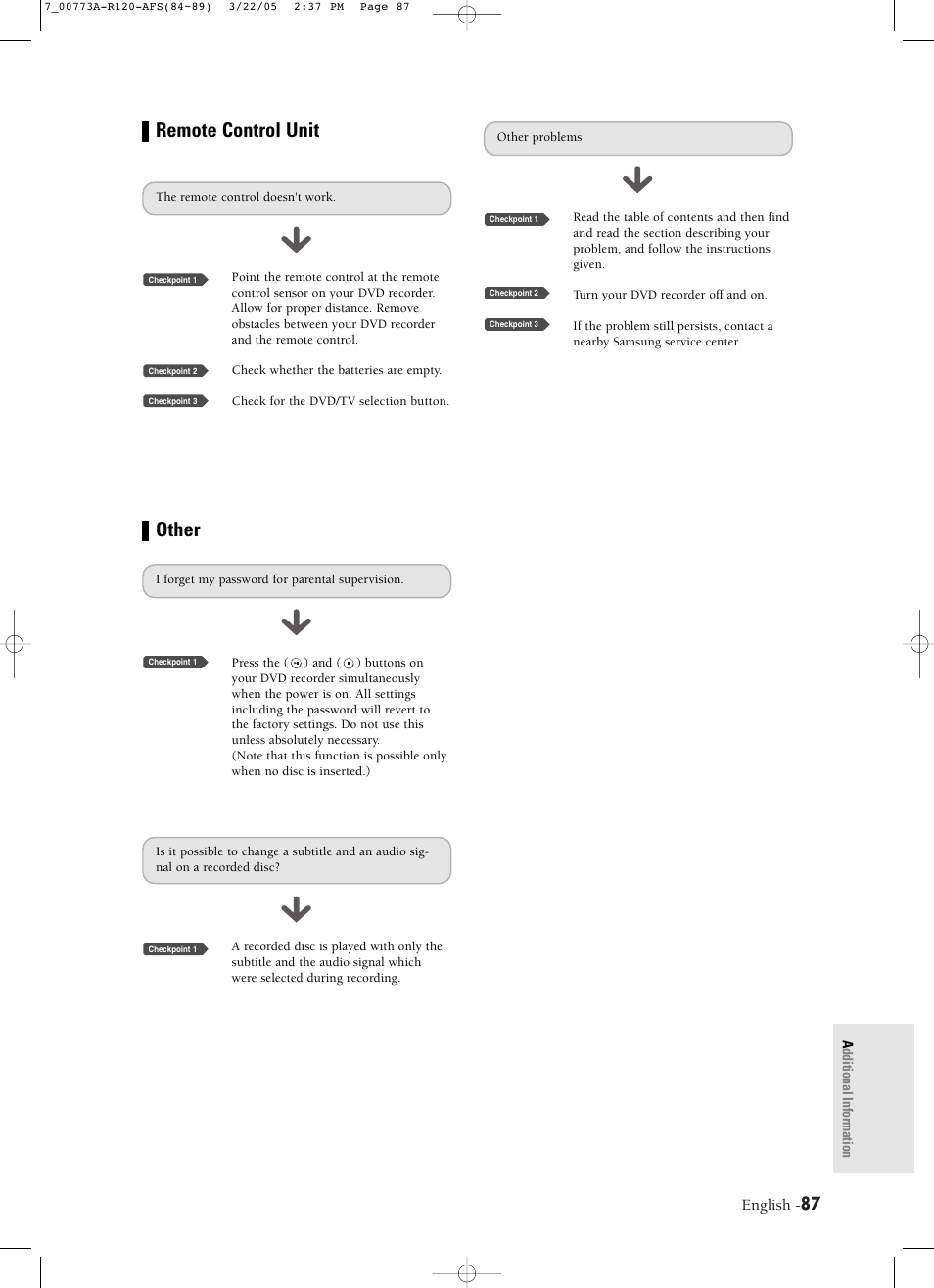 Remote control unit, Other, English | Samsung DVD-R120-XAA User Manual | Page 87 / 89