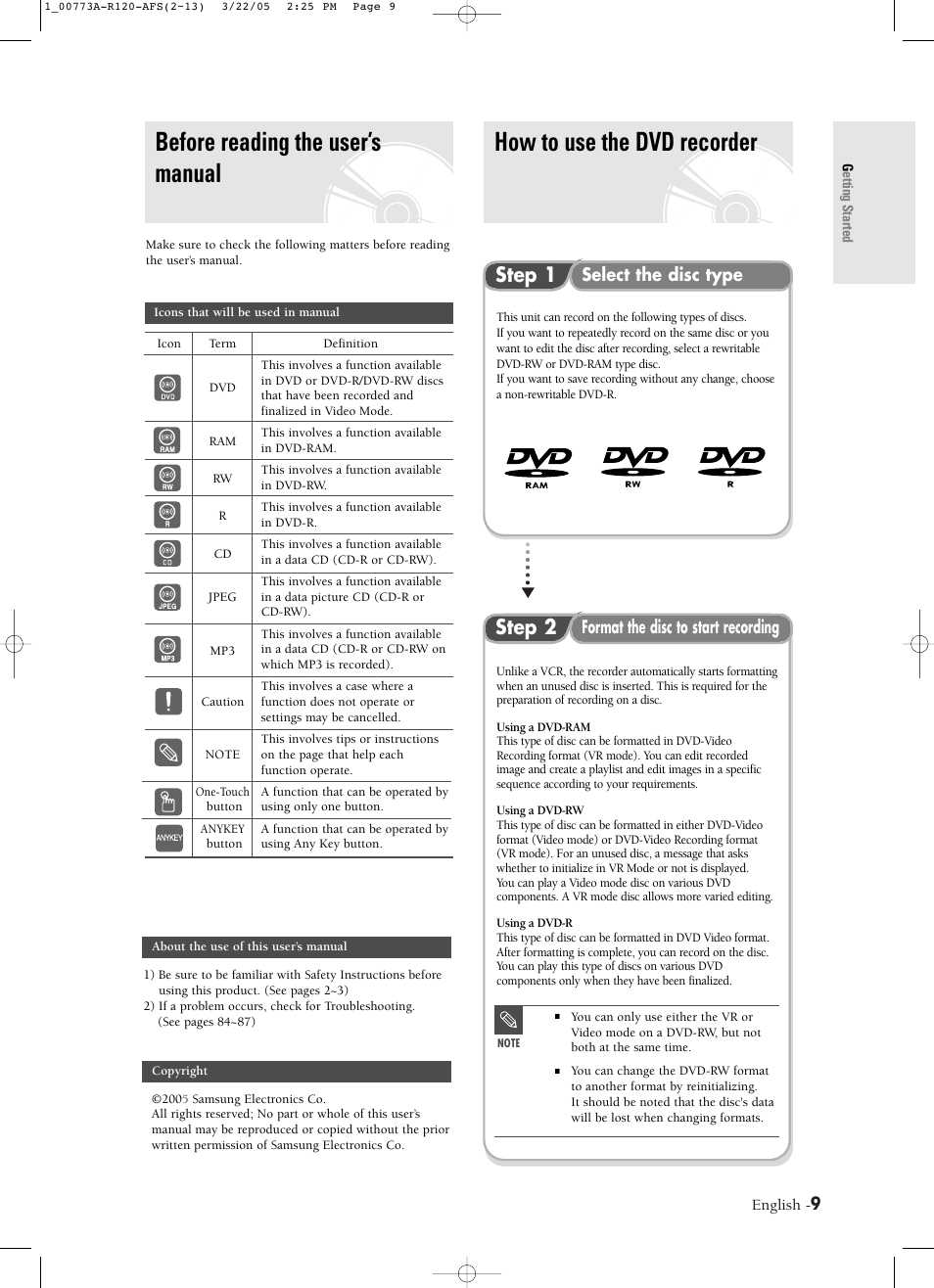 Before reading the user’s manual, How to use the dvd recorder, Step 1 | Step 2, Select the disc type, Format the disc to start recording | Samsung DVD-R120-XAA User Manual | Page 9 / 89
