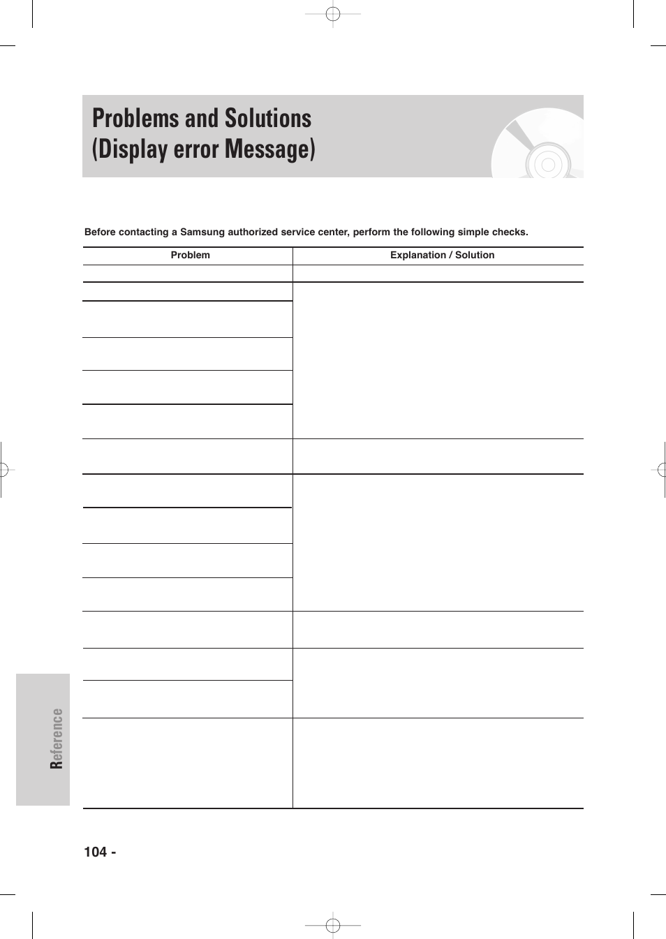 Problems and solutions (display error message), Reference, 104 - english | Samsung DVD-VR345-XAA User Manual | Page 104 / 109