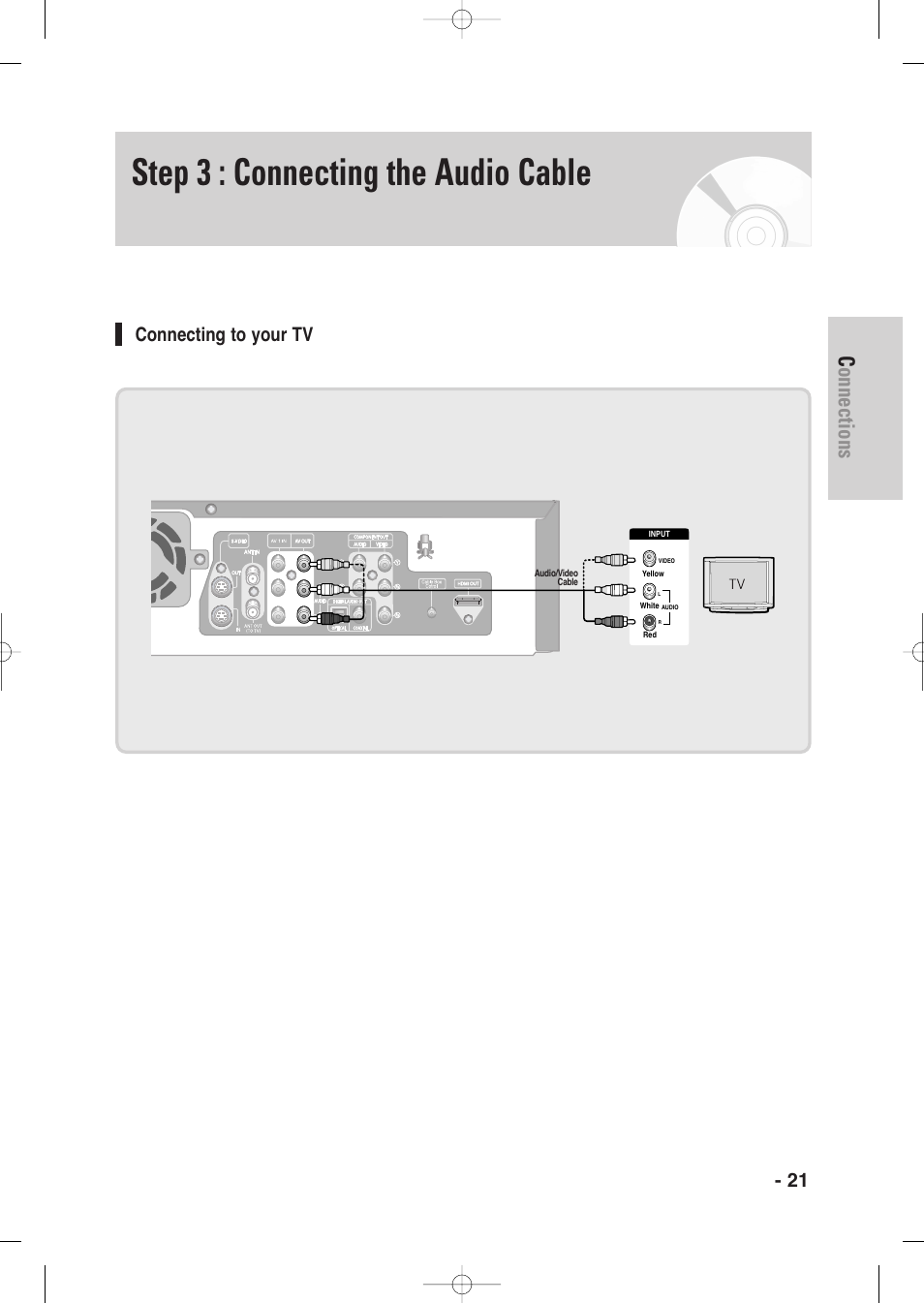 Step 3 : connecting the audio cable, Connecting to your tv, Connections | English - 21 | Samsung DVD-VR345-XAA User Manual | Page 21 / 109
