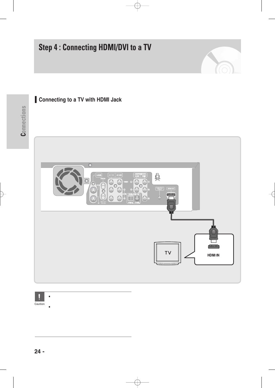 Step 4 : connecting hdmi/dvi to a tv, Connecting to a tv with hdmi jack, Connections | 24 - english | Samsung DVD-VR345-XAA User Manual | Page 24 / 109