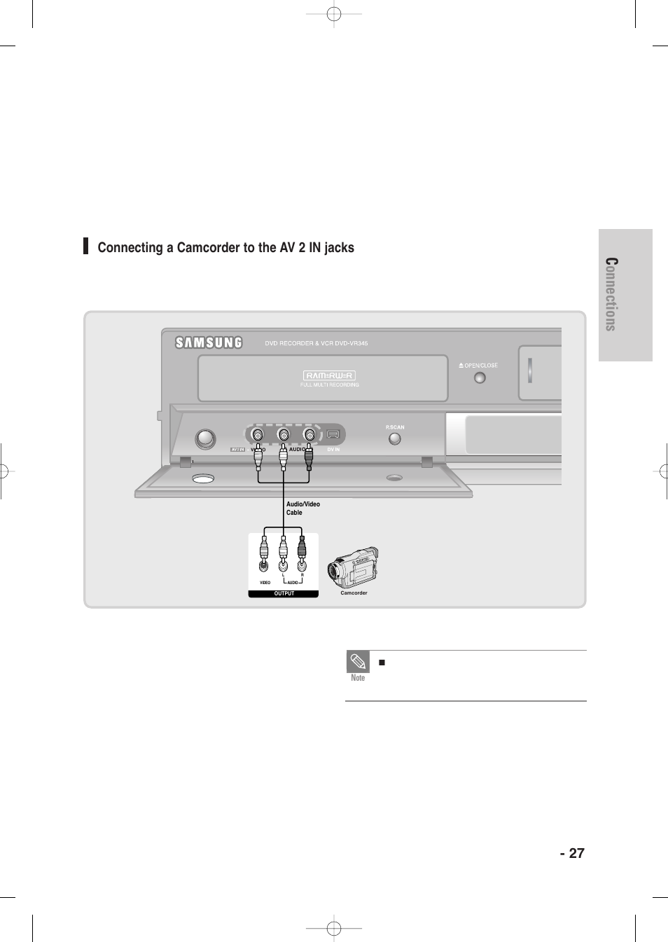 Connecting a camcorder to the a 2 in jacks, Connections, English - 27 | Connecting a camcorder to the av 2 in jacks | Samsung DVD-VR345-XAA User Manual | Page 27 / 109