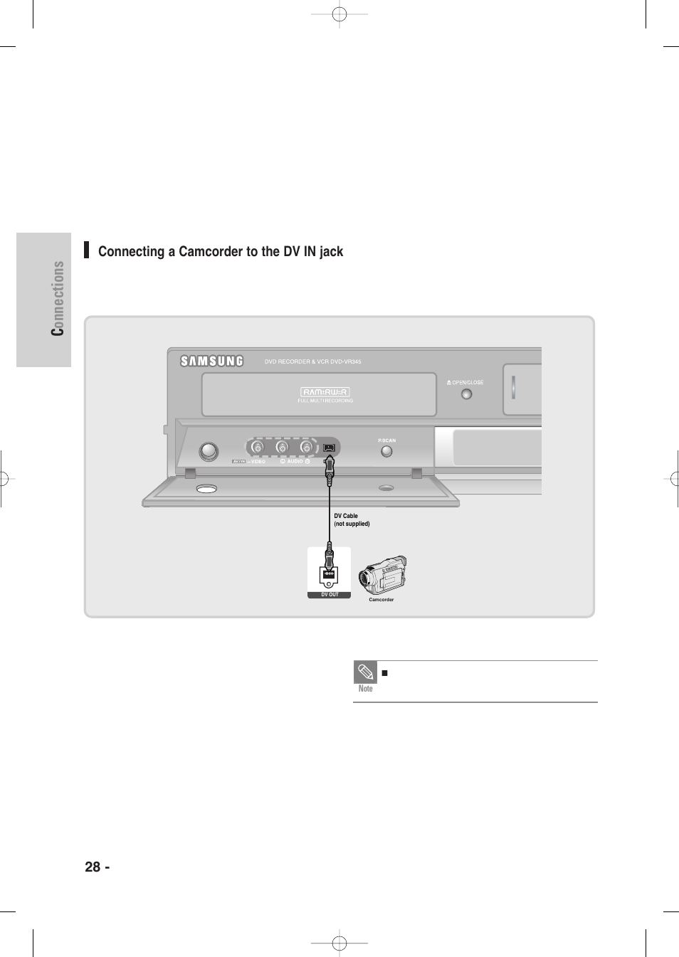 Connecting a camcorder to the dv in jack, Connections, 28 - english | Samsung DVD-VR345-XAA User Manual | Page 28 / 109