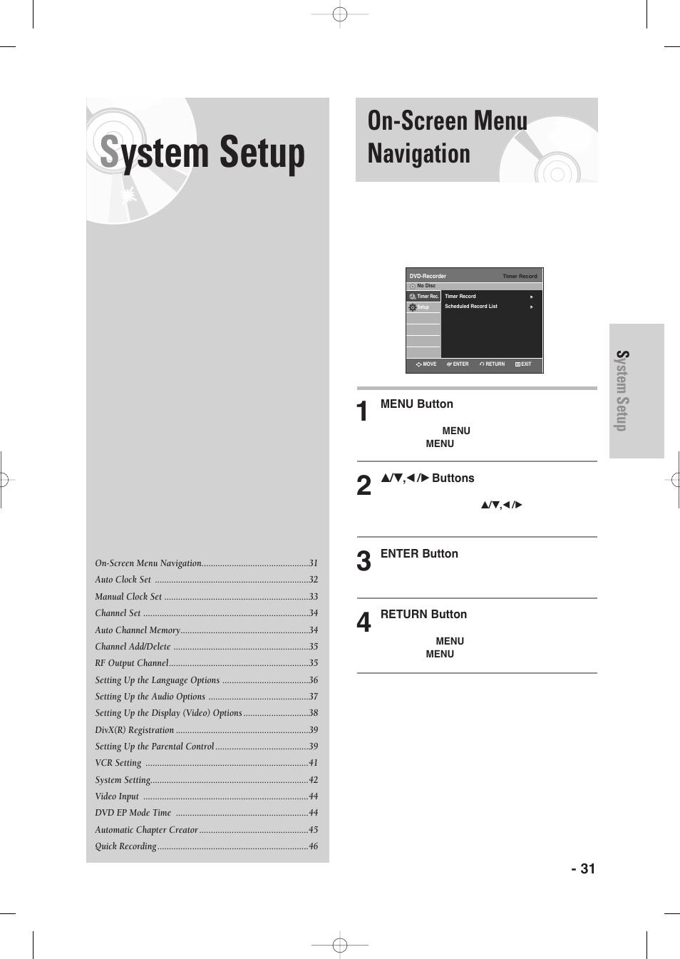 System setup, On-screen menu navigation, English - 31 | Samsung DVD-VR345-XAA User Manual | Page 31 / 109