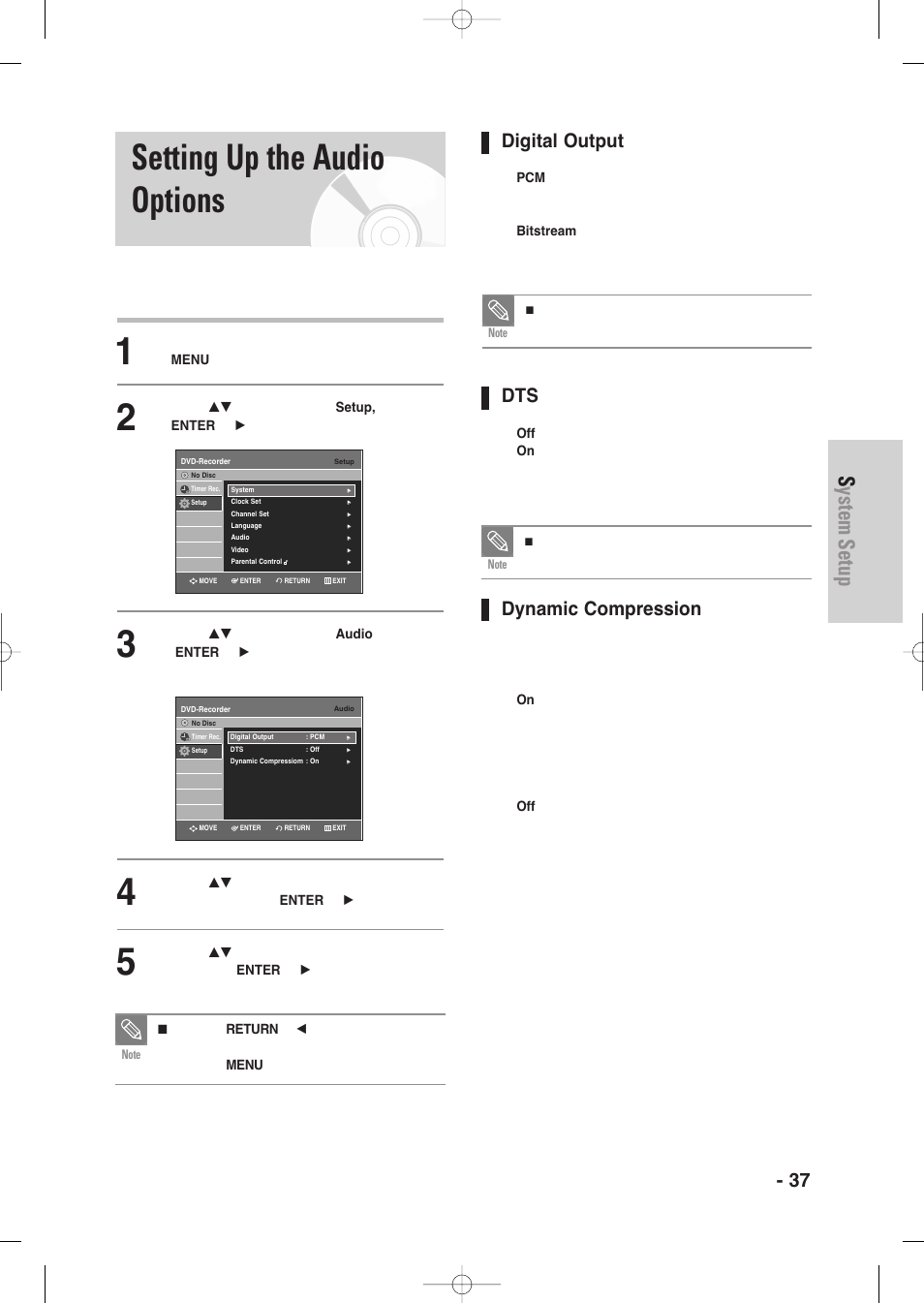 Setting up the audio options, System setup, English - 37 | Digital output, Dynamic compression | Samsung DVD-VR345-XAA User Manual | Page 37 / 109