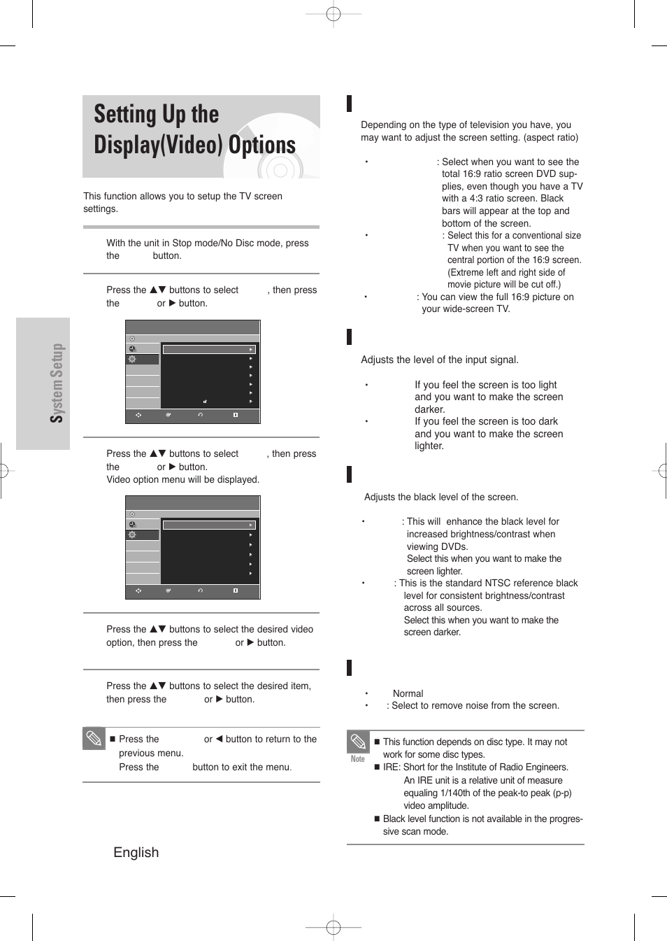 Setting up the tv aspect display(video) options, Setting up the display(video) options, System setup | 38 - english, Tv aspect, Input level, Black level, 3d noise reduction | Samsung DVD-VR345-XAA User Manual | Page 38 / 109
