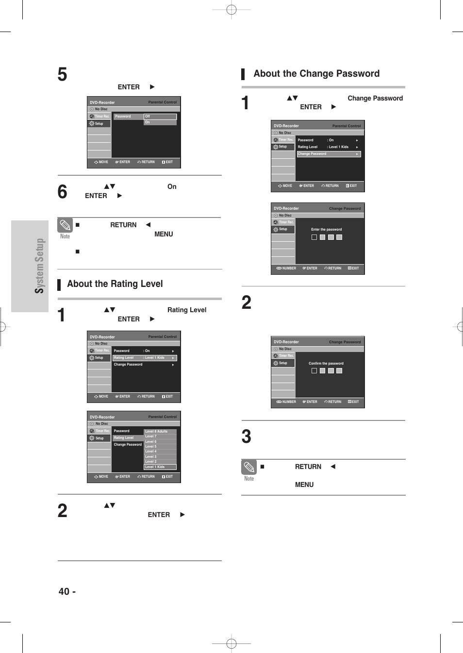 System setup, 40 - english, About the rating level | About the change password | Samsung DVD-VR345-XAA User Manual | Page 40 / 109