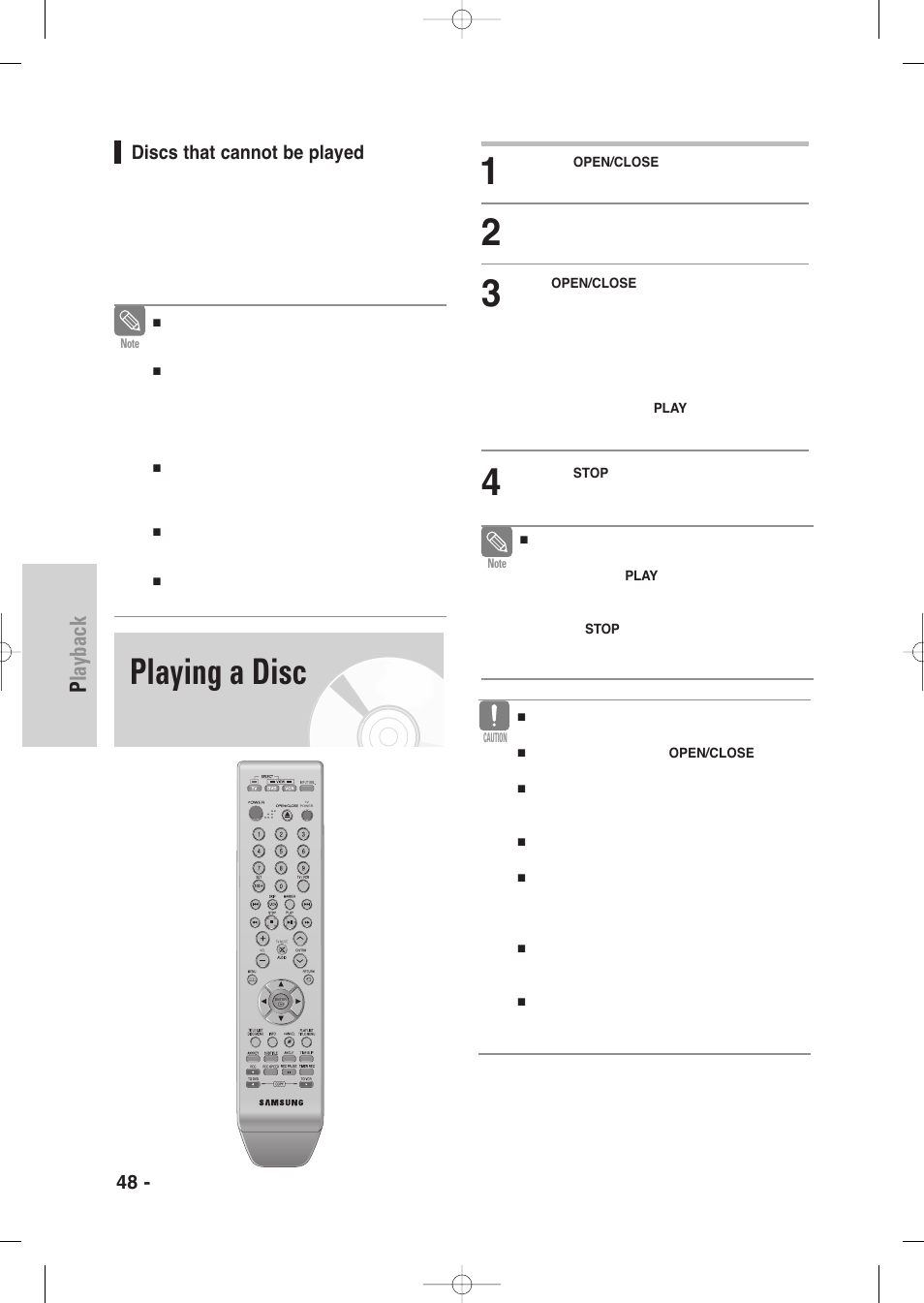 Playing a disc, Playback | Samsung DVD-VR345-XAA User Manual | Page 48 / 109