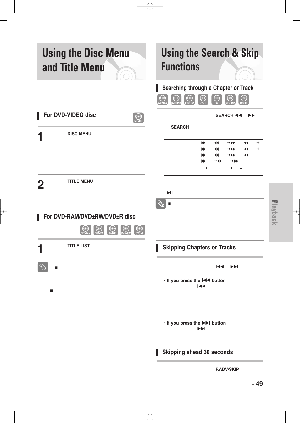 Using the disc menu and title menu, Using the search & skip functions, Playback | English - 49, Searching through a chapter or track, Skipping chapters or tracks, Skipping ahead 30 seconds, For dvd-video disc, For dvd-ram/dvd±rw/dvd±r disc | Samsung DVD-VR345-XAA User Manual | Page 49 / 109