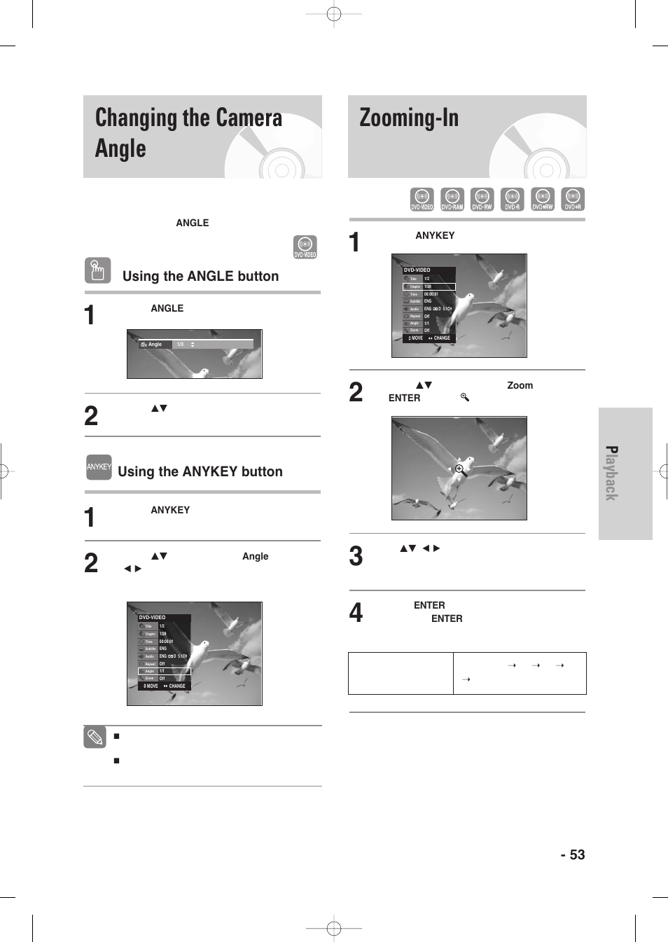 Changing the camera angle, Zooming-in, Playback | English - 53, Using the angle button, Using the anykey button | Samsung DVD-VR345-XAA User Manual | Page 53 / 109