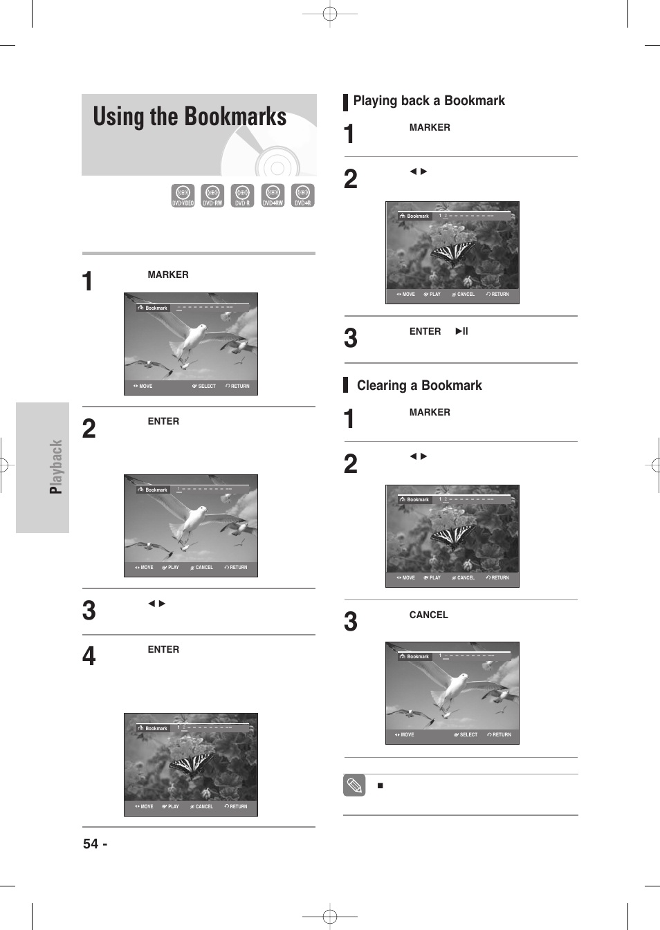 Using the bookmarks, Playback, 54 - english | Playing back a bookmark, Clearing a bookmark | Samsung DVD-VR345-XAA User Manual | Page 54 / 109