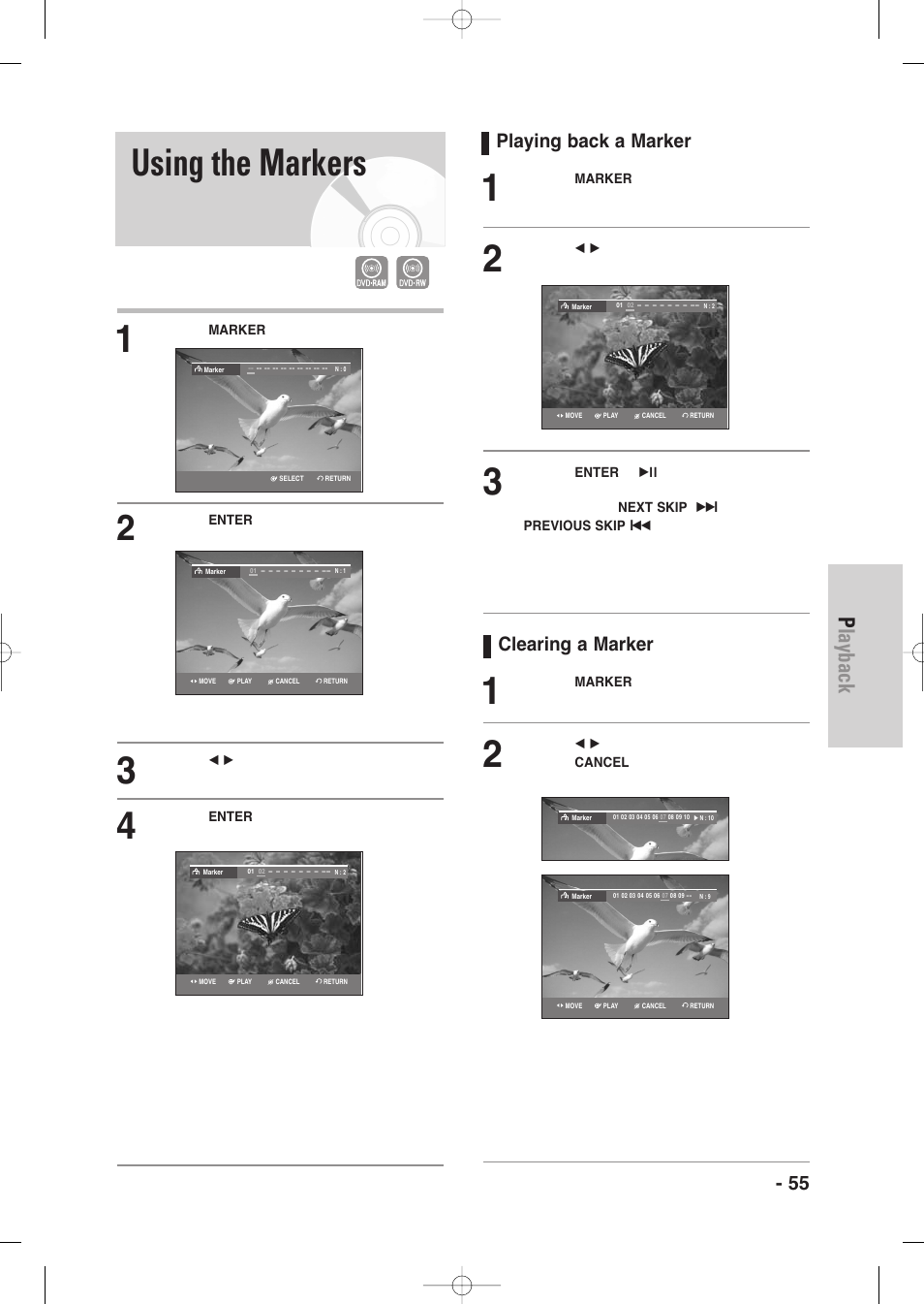 Using the markers, Playback, English - 55 | Playing back a marker, Clearing a marker | Samsung DVD-VR345-XAA User Manual | Page 55 / 109