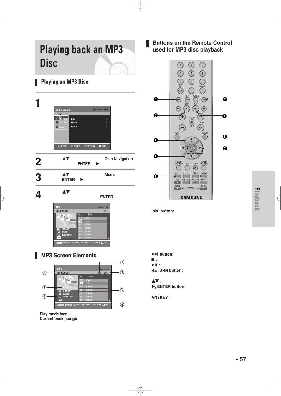 Playing back an mp3 disc, Playback, English - 57 | Playing an mp3 disc, Mp3 screen elements | Samsung DVD-VR345-XAA User Manual | Page 57 / 109