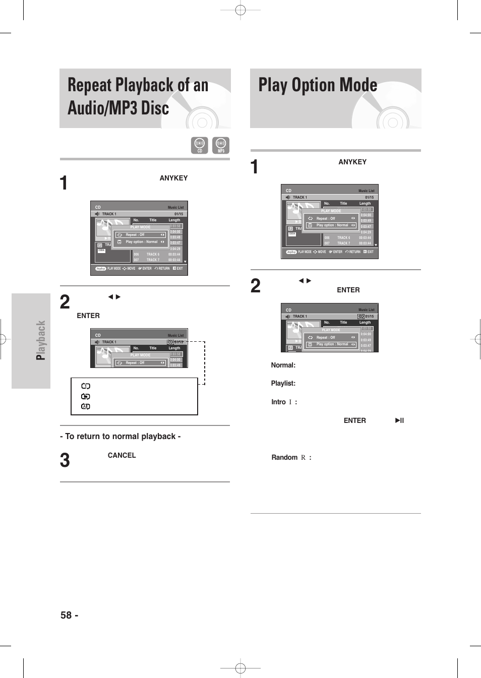 Repeat playback of an audio/mp3 disc, Play option mode, Playback | 58 - english | Samsung DVD-VR345-XAA User Manual | Page 58 / 109