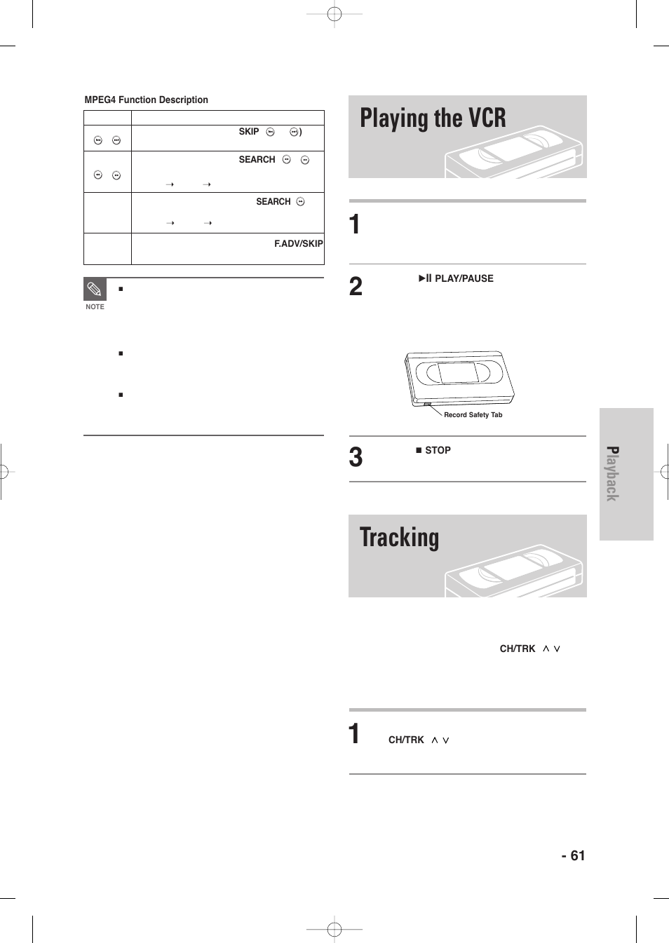 Playing the vcr, Tracking, Playing the vcr tracking | Playback, English - 61 | Samsung DVD-VR345-XAA User Manual | Page 61 / 109