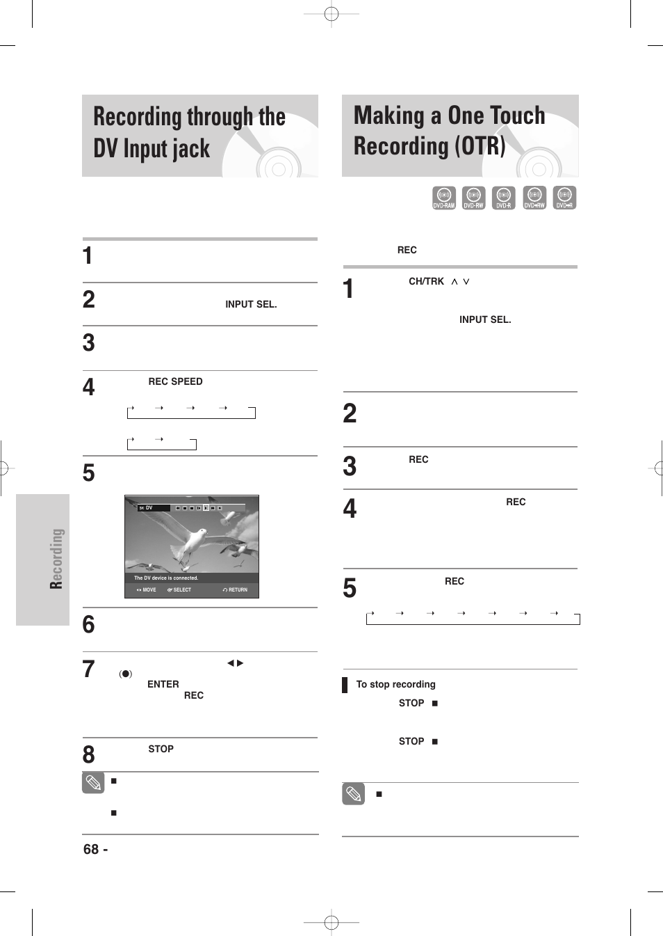 Recording through the dv input jack, Making a one touch recording (otr), Recording | Samsung DVD-VR345-XAA User Manual | Page 68 / 109