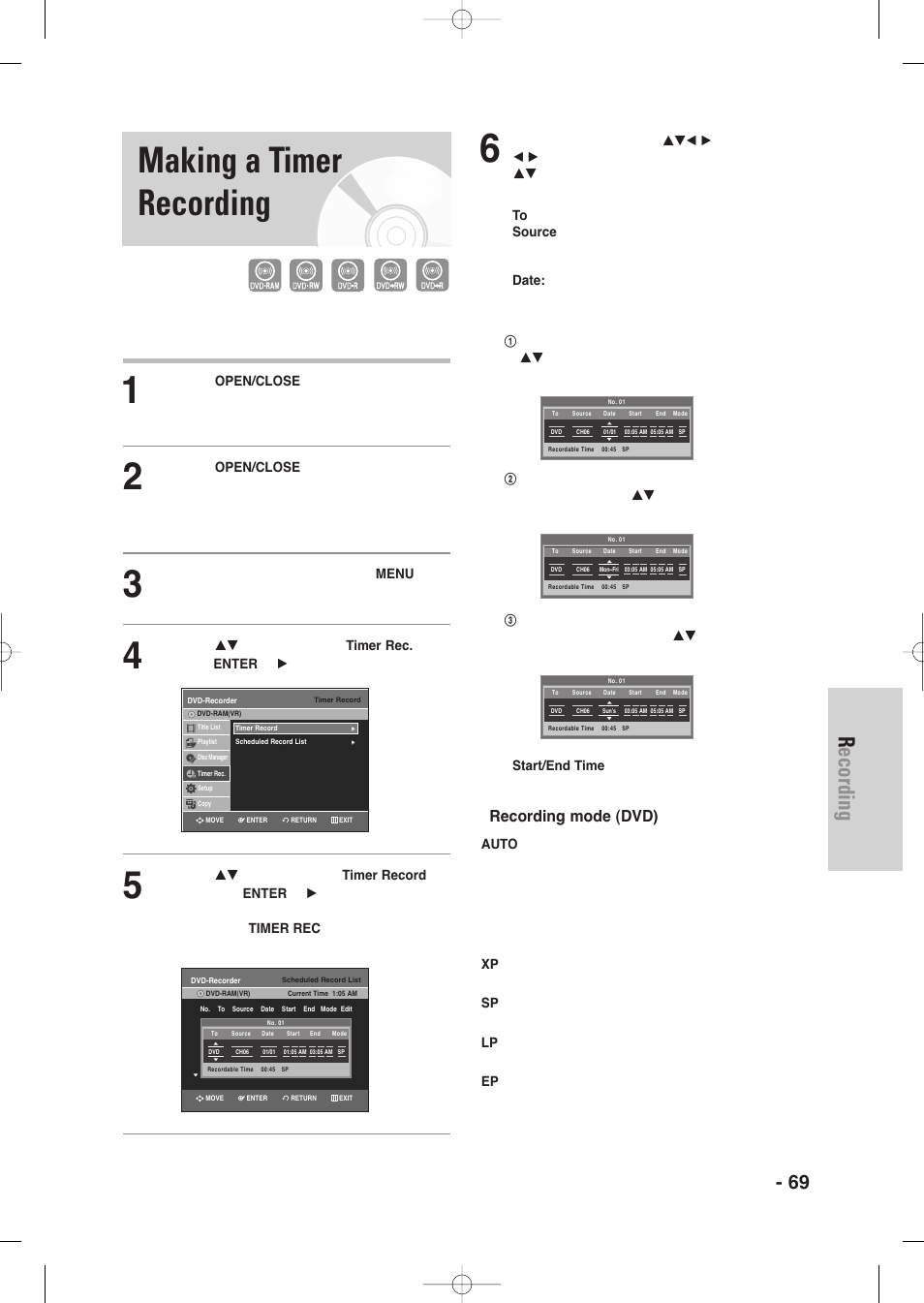 Making a timer recording, Recording, English - 69 | Recording mode (dvd) | Samsung DVD-VR345-XAA User Manual | Page 69 / 109