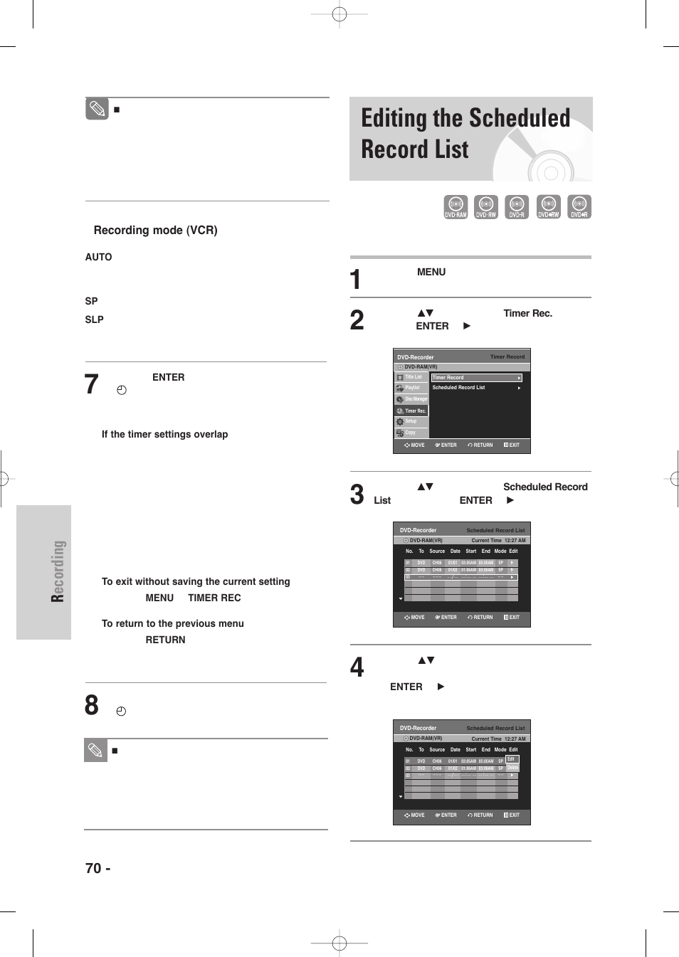 Editing the scheduled record list, Recording, 70 - english | Recording mode (vcr) | Samsung DVD-VR345-XAA User Manual | Page 70 / 109