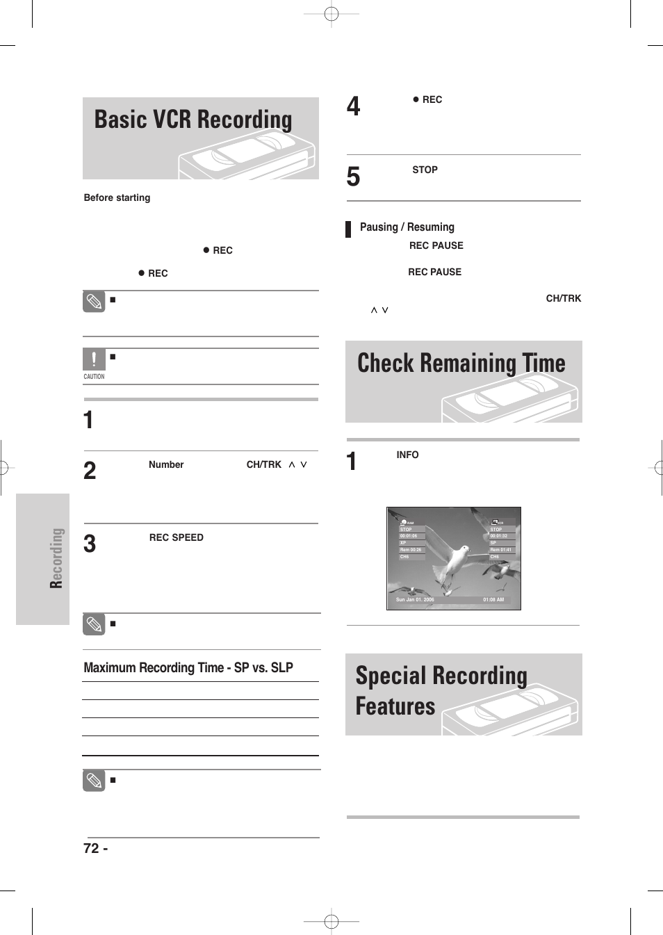Basic vcr recording, Check remaining time, Special recording features | Recording, 72 - english, Maximum recording time - sp vs. slp | Samsung DVD-VR345-XAA User Manual | Page 72 / 109