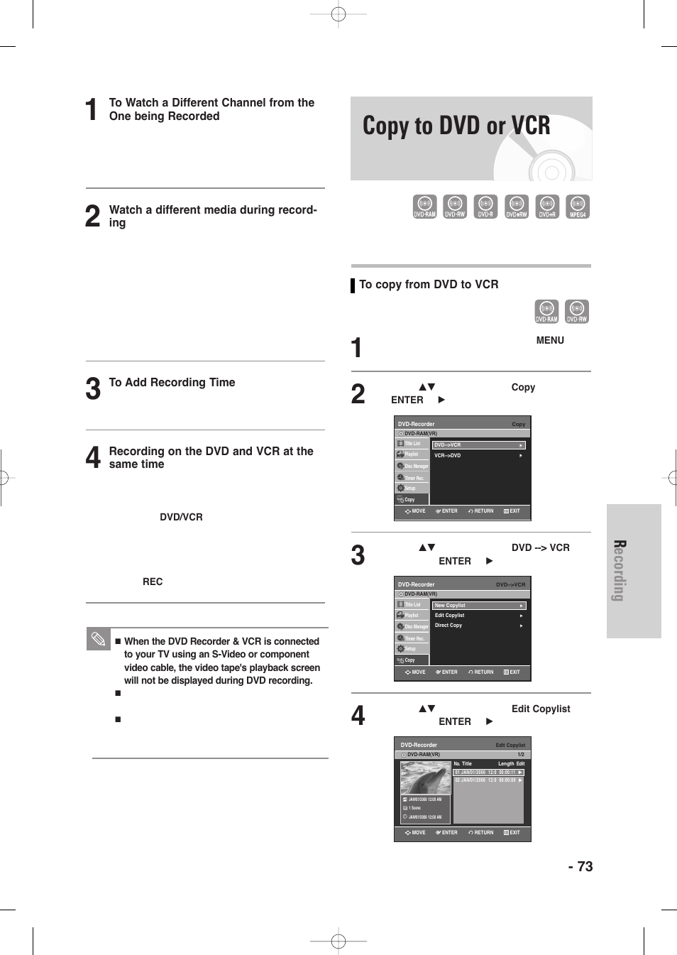 Copy to dvd or vcr, Recording, English - 73 | Samsung DVD-VR345-XAA User Manual | Page 73 / 109