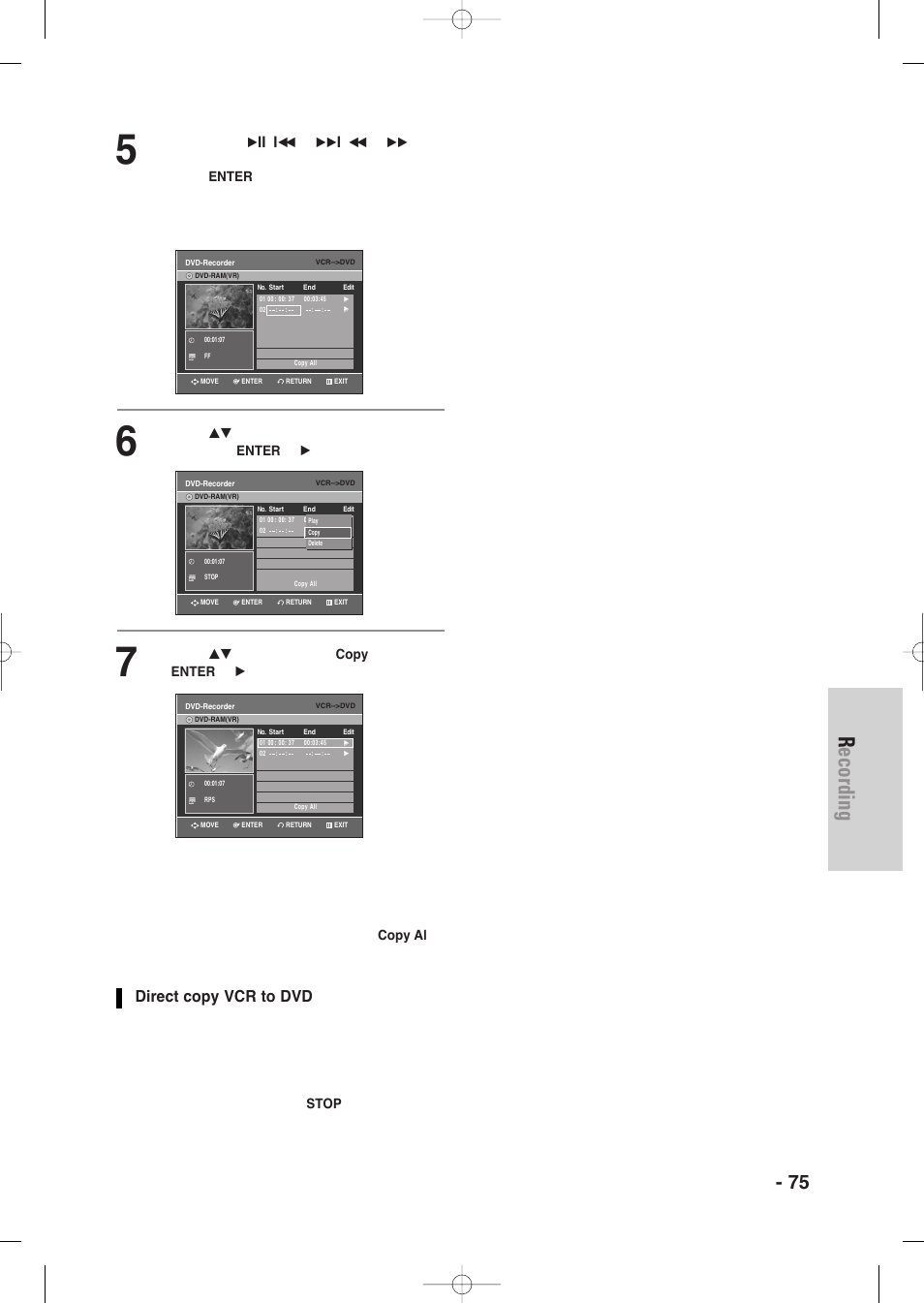 Recording, English - 75, Direct copy vcr to dvd | Samsung DVD-VR345-XAA User Manual | Page 75 / 109